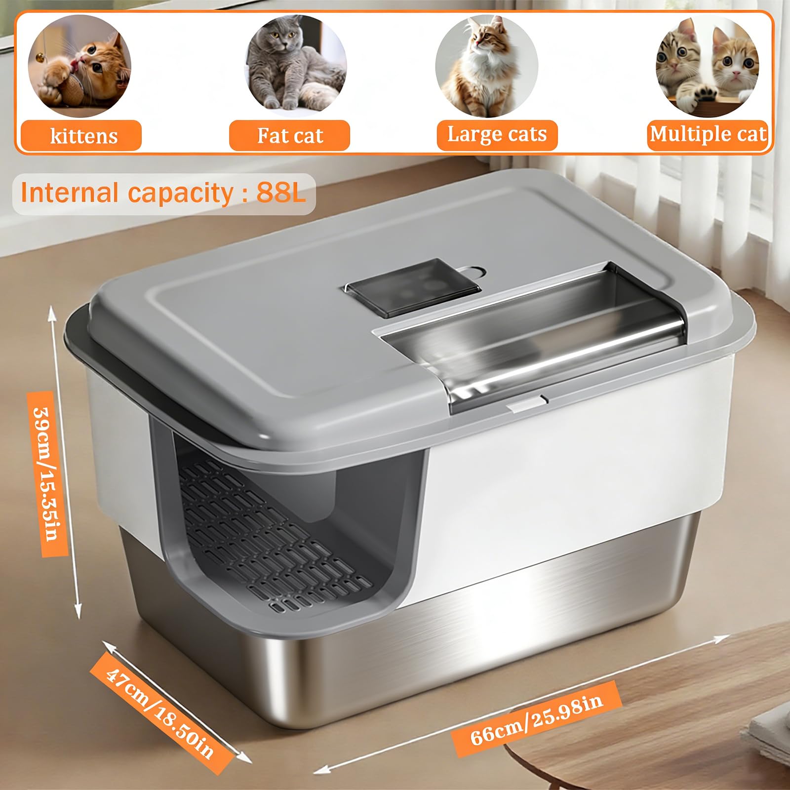 XXL Stainless Steel Litter Box With Litter Mat and Litter Scoop , Extra Large 25.98"L*18.5"W*15.35"H Cat Litter Boxs, Jumbo Enclosed Removable Litter Box High Sides For Big Cats, Easy to Clean（Gray） - image 2