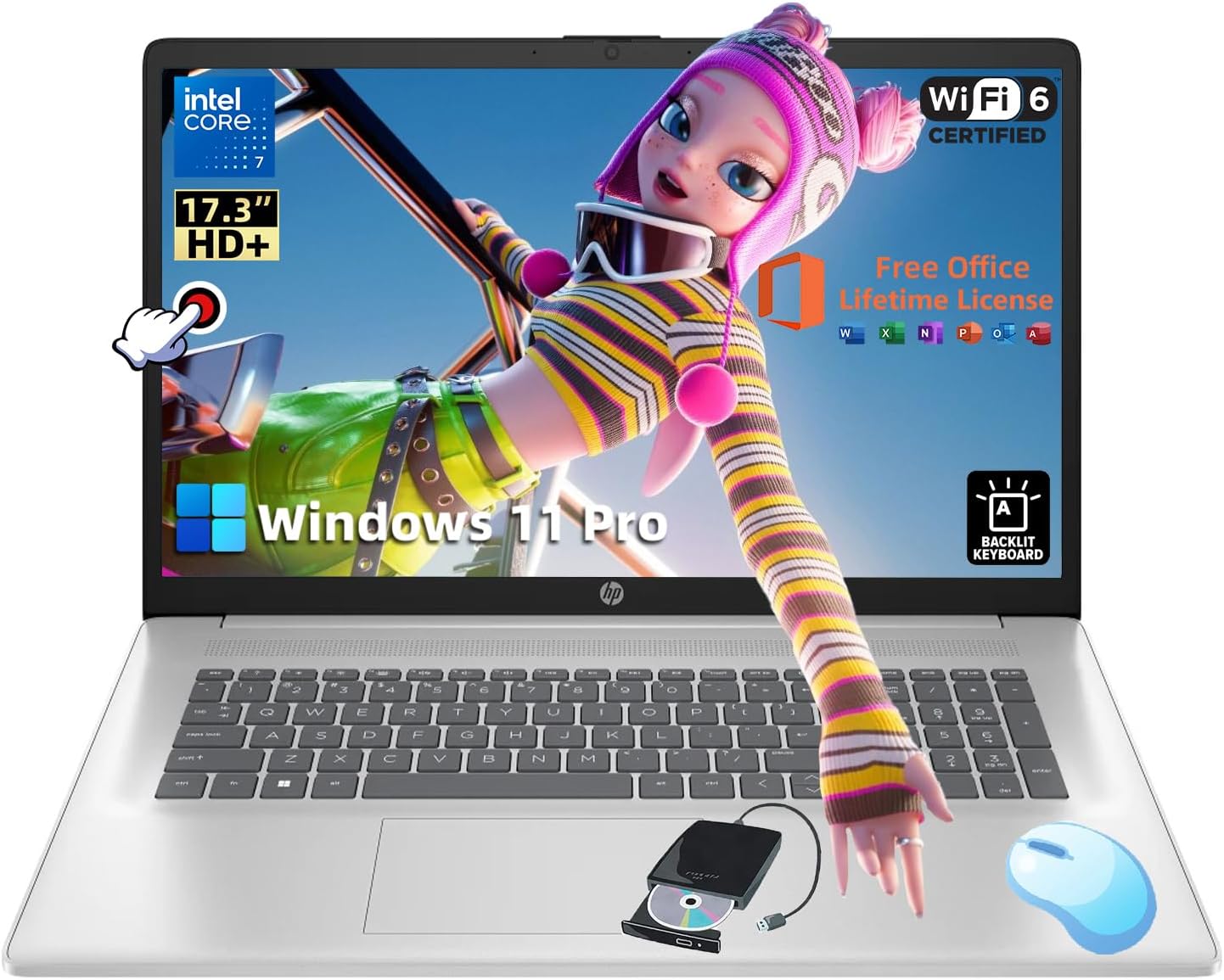 HP 17 Touchscreen Laptop Business - Ms Office & DVD Drive • 17.3-inch HD+ Display • Intel 7-150U CPU • Backlit Keyboard • Numeric keypad • Copilot • Wi-Fi 6 • Win 11 pro (64GB RAM | 2TB SSD)