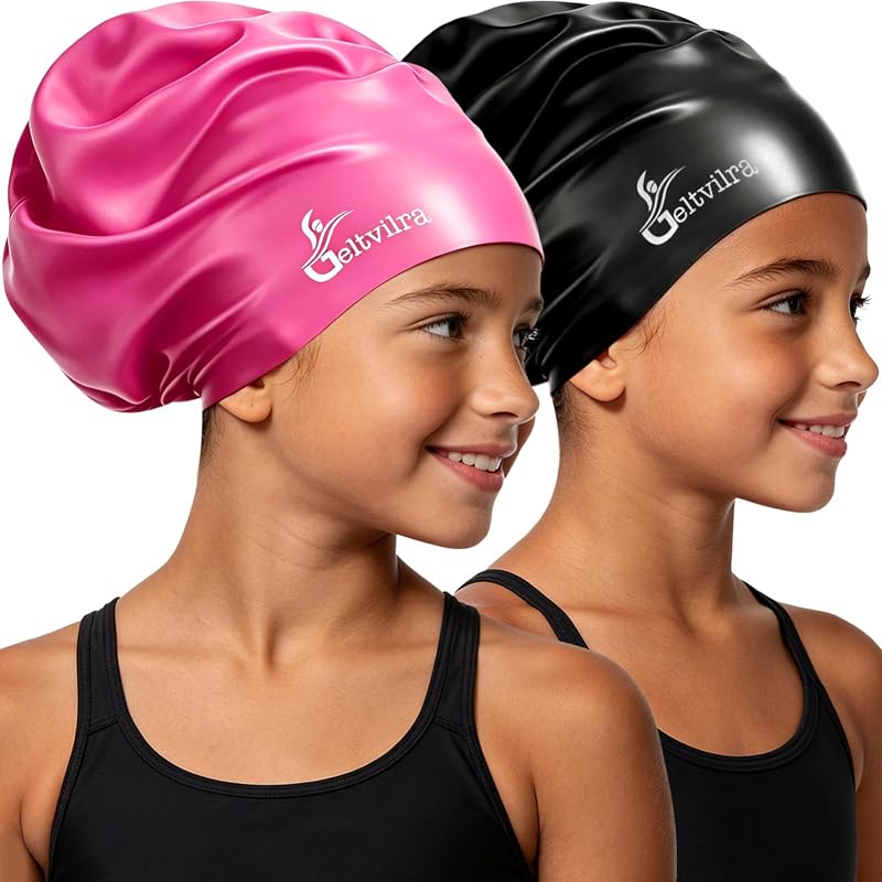 2 Pack Kids Extra Large Swim Cap for Long Thick Hair, Waterproof Silicone Swimming Hat for Girls Aged 4 to 16 Boys Toddler Children Youth, Hair Turban Protection for Braids Dreadlocks Extensions Afros