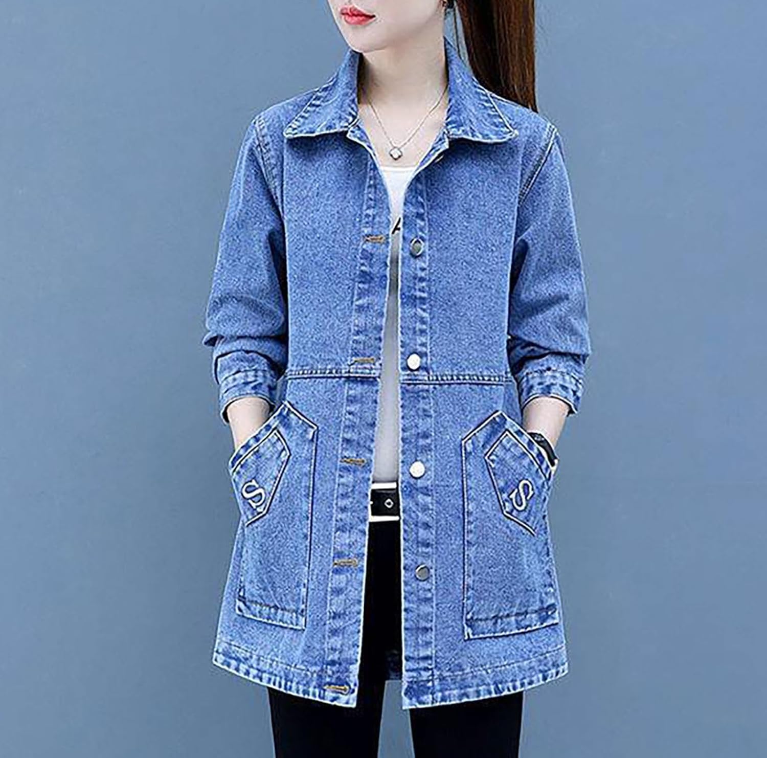 Chaqueta Vaquera de Manga Larga con Botones Bordados para Mujer Chaqueta clásica de Solapa de Gran tamaño Entallada con Cuello de Traje de Longitud Media para Primavera y otoño