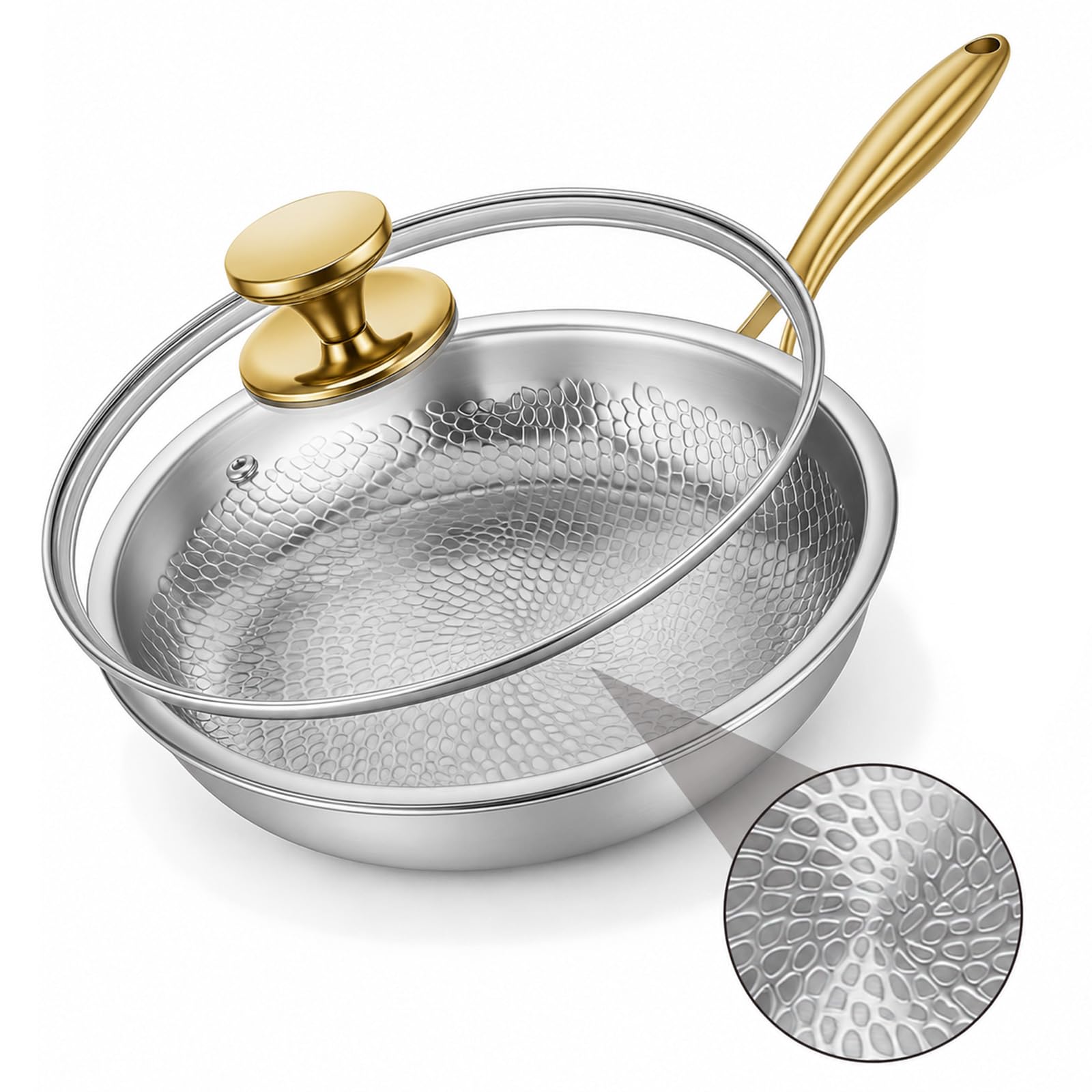 Padella in titanio con coperchio, padella in titanio senza rivestimento, Titanium Hammered Pan Pro, struttura antiaderente fisica grazie al motivo martellato, per tutti i piani cottura e