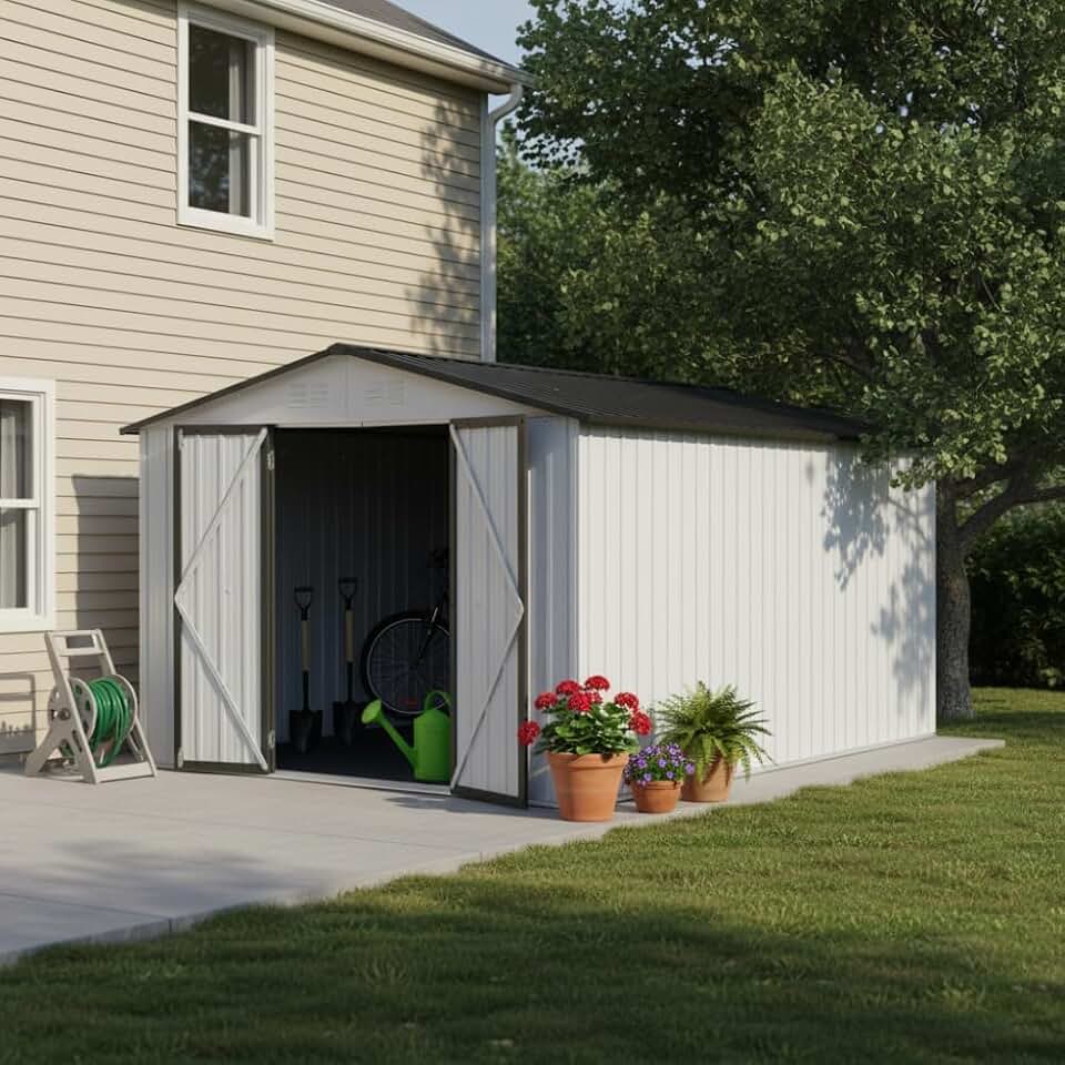 Metal Garden Shed, 10 x 12 FT White + Grey Outdoor Storage Shed Utility Tool House for Backyard Lawn Patio Garden Tools and Yard Equipment Organizer