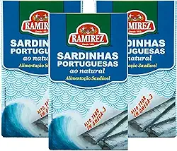 Sardinha em Lata Portuguesa ao Natural em Água, Rico em Ômega 3 - Alto em Proteína - Dieta - 125g cada 3 Un. RAMIREZ - Tampa Abre Fácil