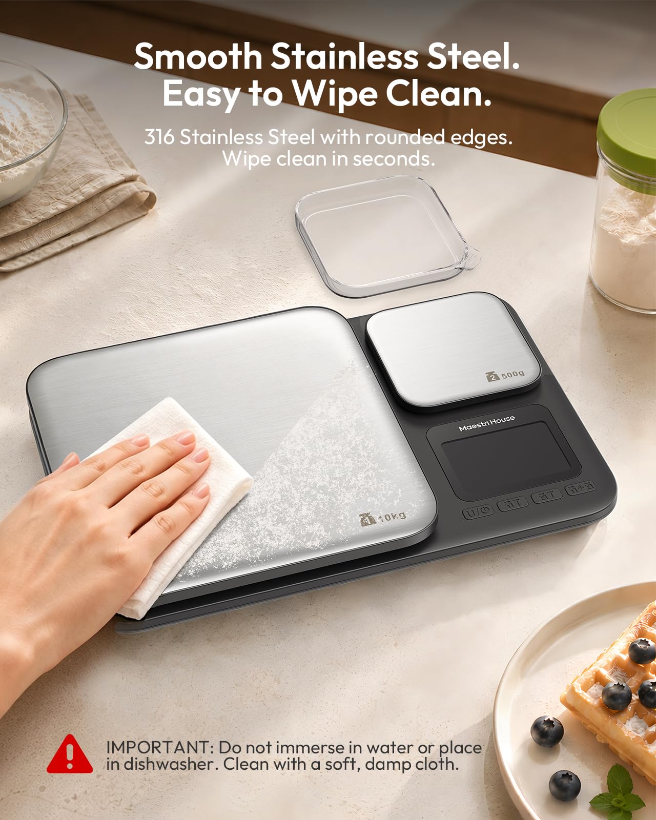 Maestri House Balance de cuisine avec deux plateformes de pesée, haute précision de 0,01 g et capacité totale de 10 kg/1 g, balance alimentaire 2 en 1 en acier inoxydable avec fonction tare et somme