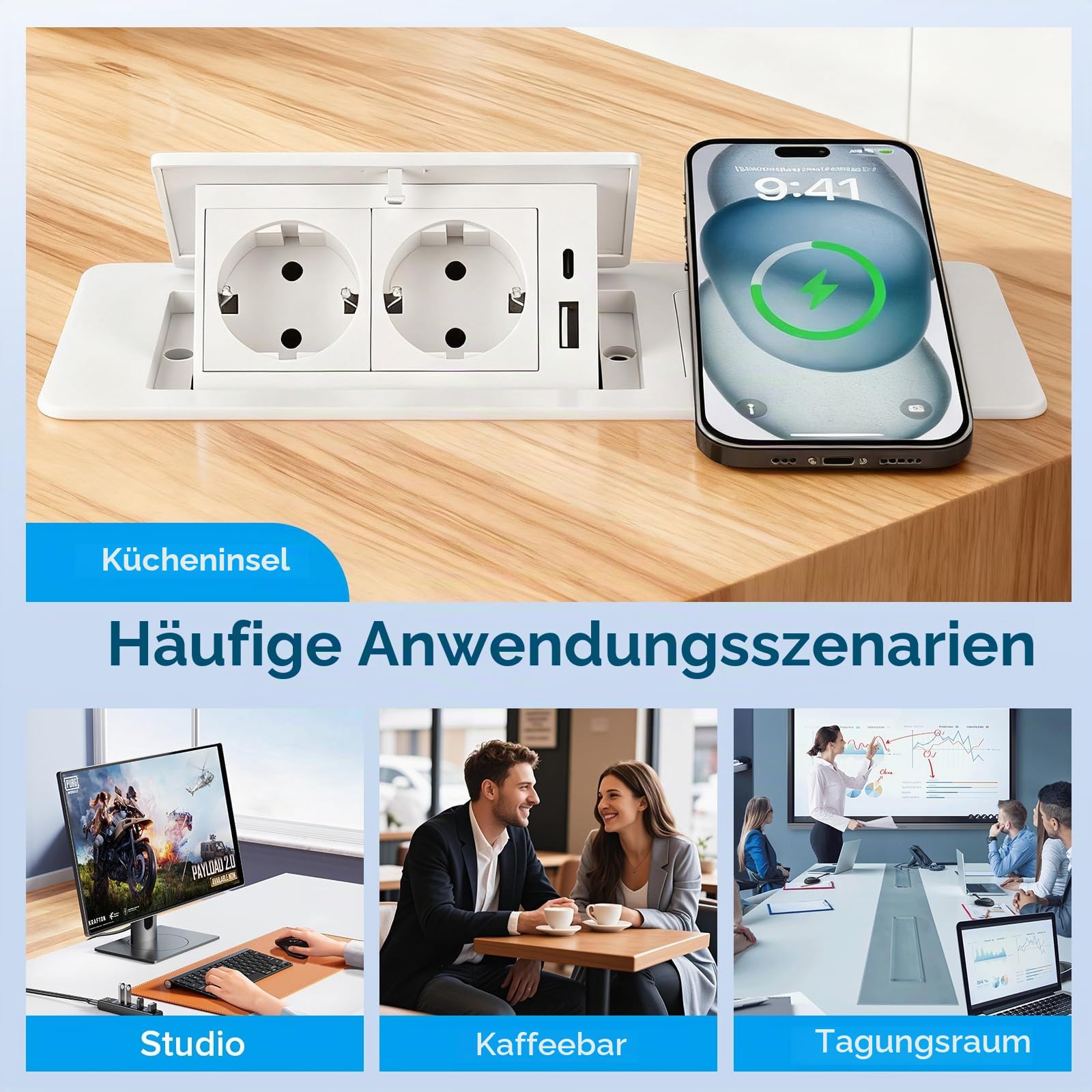 5 in 1 Versenkbare Steckdose Einbausteckdose mit Kabellosem, Ladegerät PD20W Schnelllade USB C Tischsteckdose für Arbeitsplatte,Schreibtisch mit 1.8M Kabel Winkel verstellbar für Küche Büro