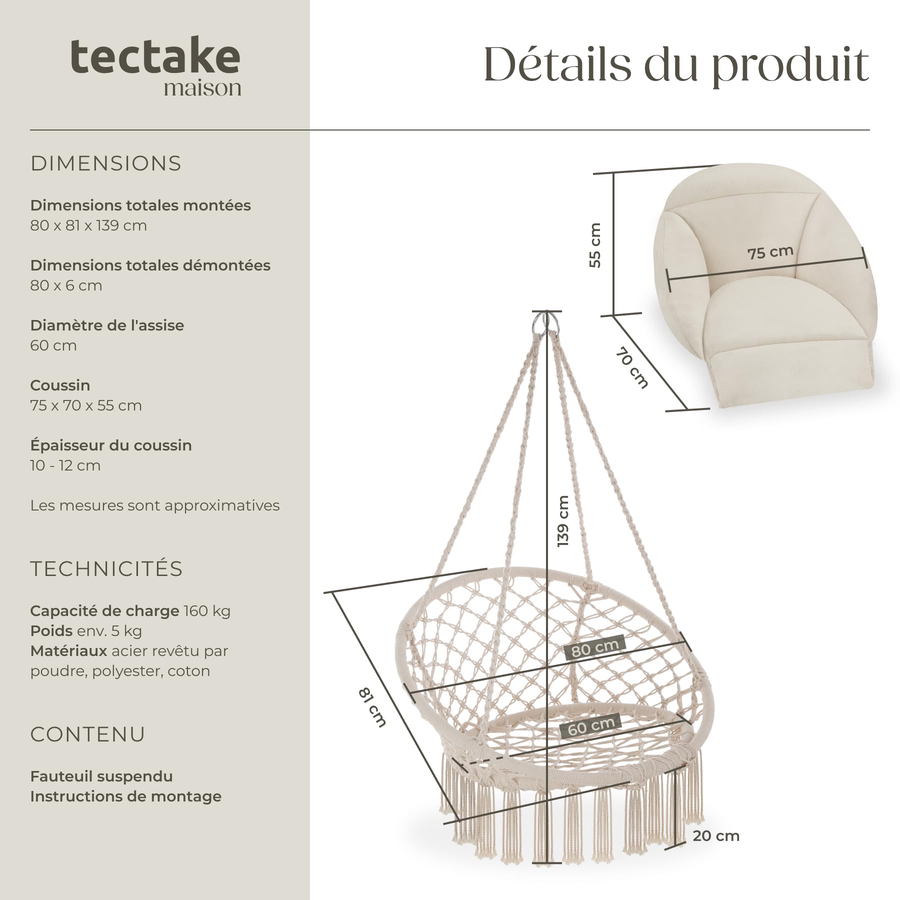 tectake® Fauteuil Suspendu Relax style boho Ø80cm, Design Intérieur & extérieur Fauteuil Relax max. 160kg Fauteuil de Lecture Cocooning 1 Place, pompons, Coussin Chaise XXL Moelleux épaisseur 10-12 cm