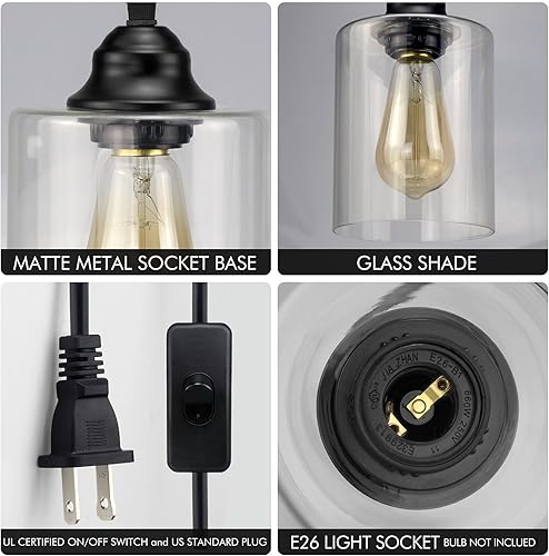 Miniatura 3 de Lámpara colgante de cristal con enchufe de 1 luz, mini iluminación colgante industrial con pantalla de vidrio, lámpara colgante ajustable de granja