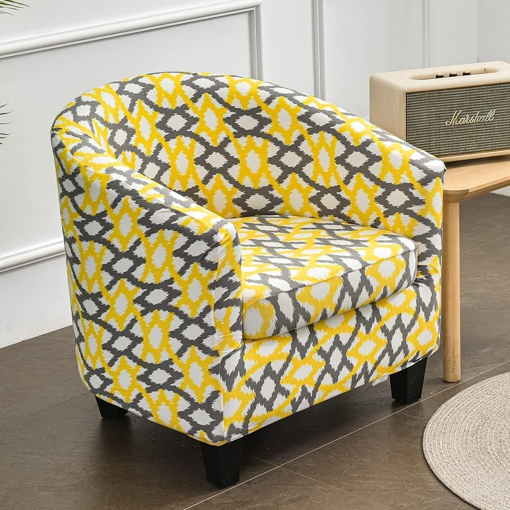 Aedlcal Tub Chair Covers 2-Piece Set Removable Club Chair Covers Stretch Printed Tub Chair Slipcovers with Cushion Cover Armchair Cover Furniture Protector for Home Bar Counter Club (Yellow Geometirc)