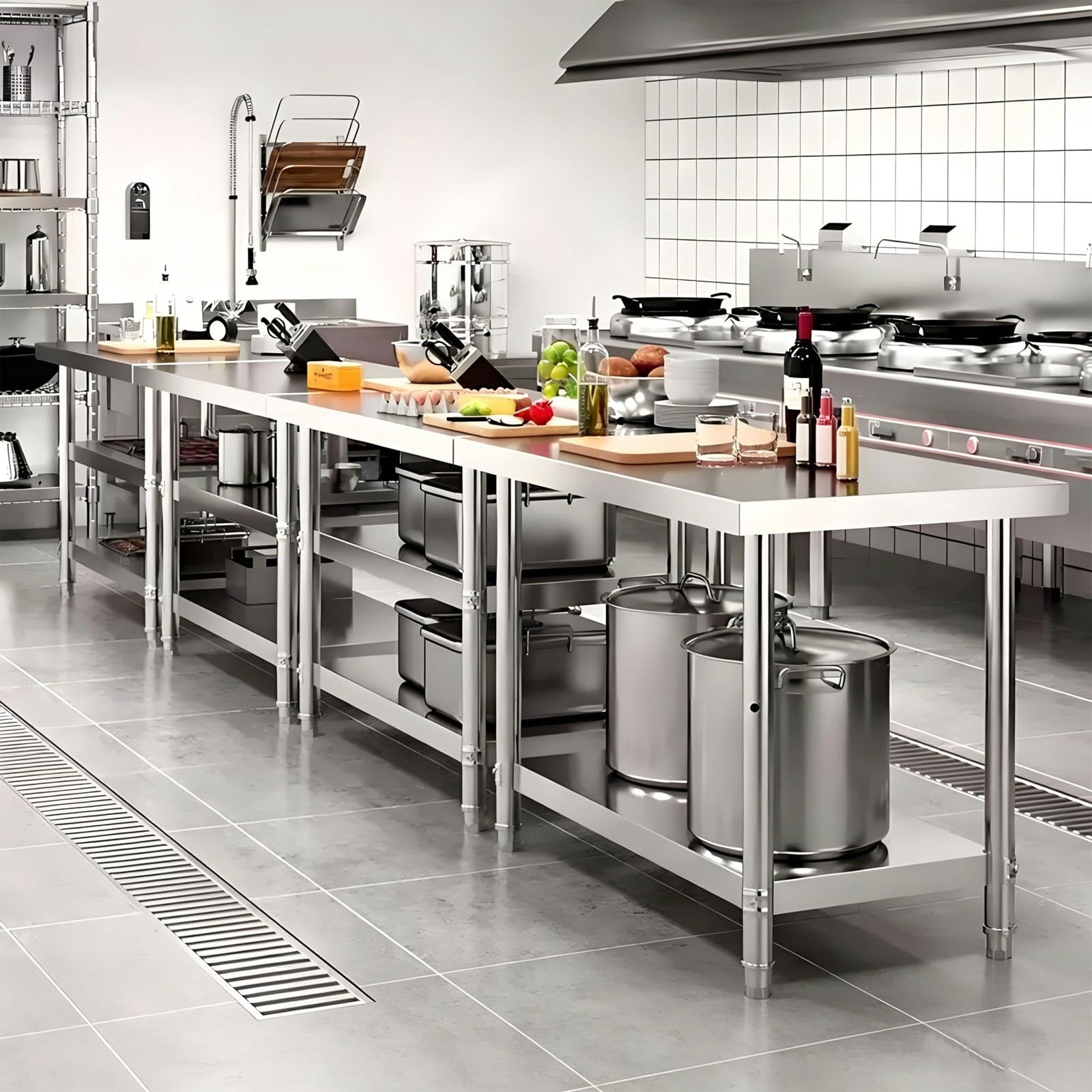 Tavolo da catering in acciaio inox, resistente a doppio strato, banco da lavoro per la preparazione degli alimenti per uso commerciale e cucina domestica