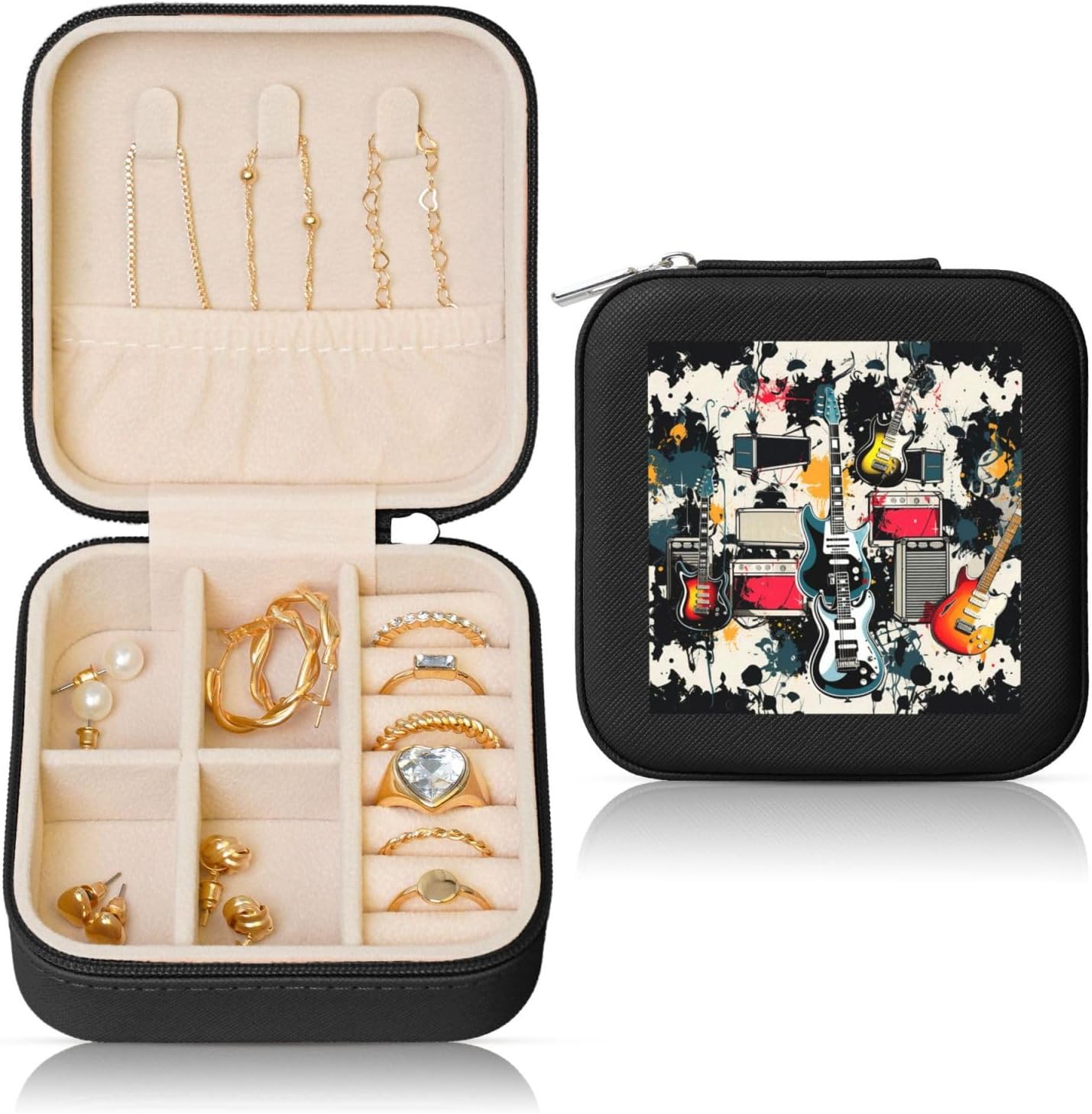 Jewelry Box for Women Leather Travel Jewelry Case Rock Music Pattern Portable Jewelry Organizer Box Mini Travel Case with Zipper for Earrings Bracelets Rings