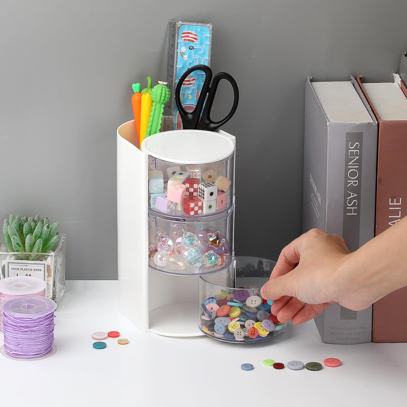 Organizzatore rotante per accessori con porta pettine, in plastica, contenitore per cosmetici, per pennelli da trucco, 3 strati, bianco