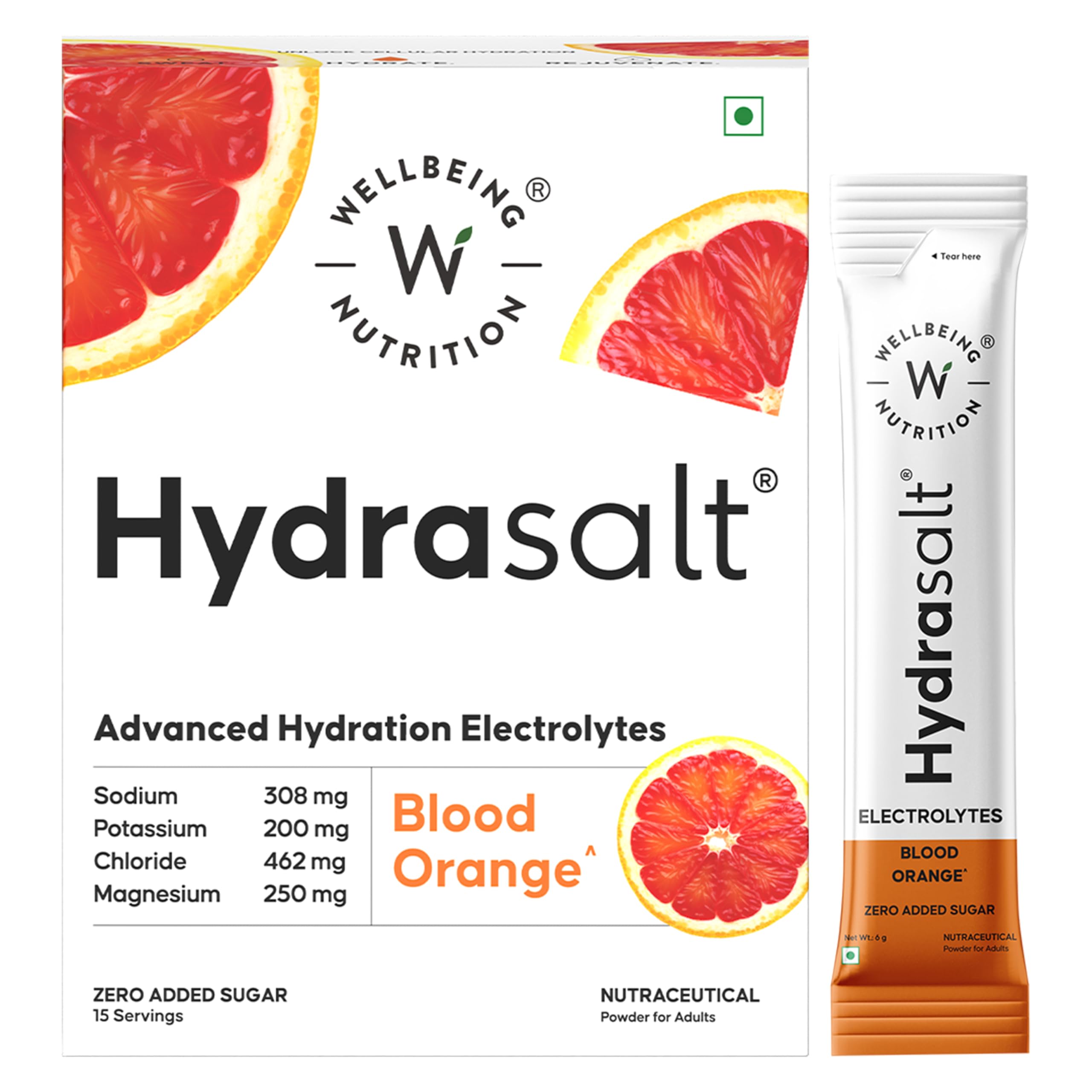 Wellbeing Nutrition HydraSalt Electrolyte Drink with Zero Added Sugar | 5 Electrolytes & 3 Vitamins for Instant Hydration, Energy, Performance & Recovery, Blood Orange Flavor 90g, Pack of 15-image-18