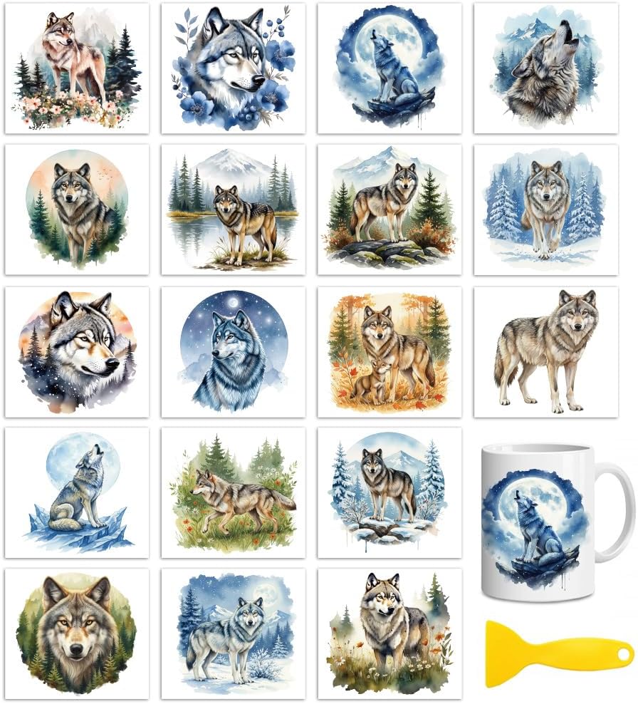 Peacoblue 18 Sheets Rub on Transfers for Crafts, Wolf 3.6"x3.9" UV DTF Cup Wraps Waterproof Rub on Cold Transfers Stickers for Wood Glass Metal Cup Tumblers Mirrors Mugs Home Decor