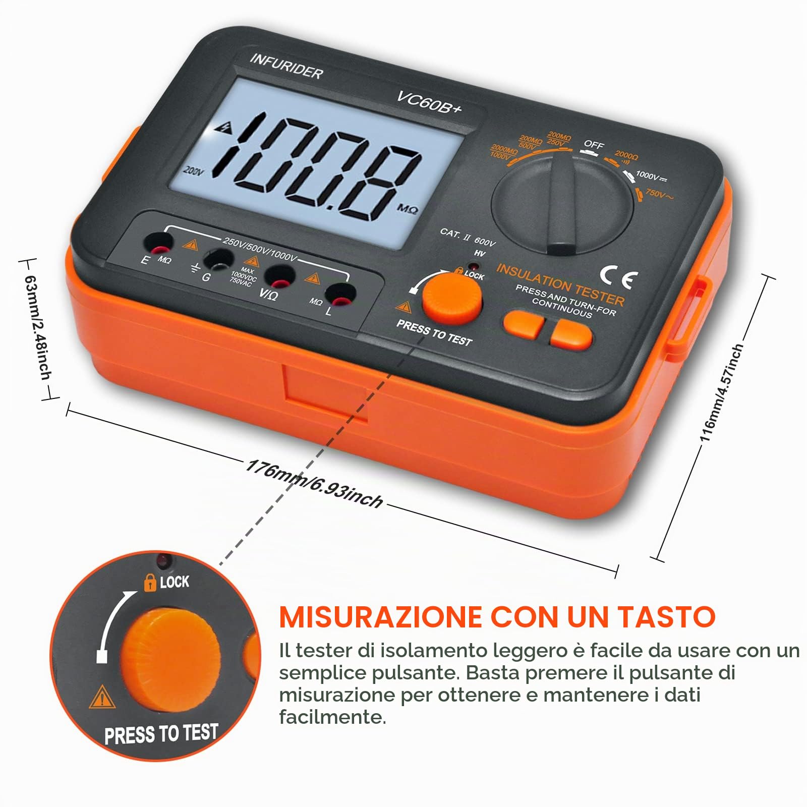 Tester Digitale di Resistenza Isolamento, Misuratore di Resistenza di Isolamento Megaohmmetro YF-VC60B+, Tester di Tensione 250/500/1000 V, Megaohmmetro con Display LCD Retroilluminato, Blocco Dati