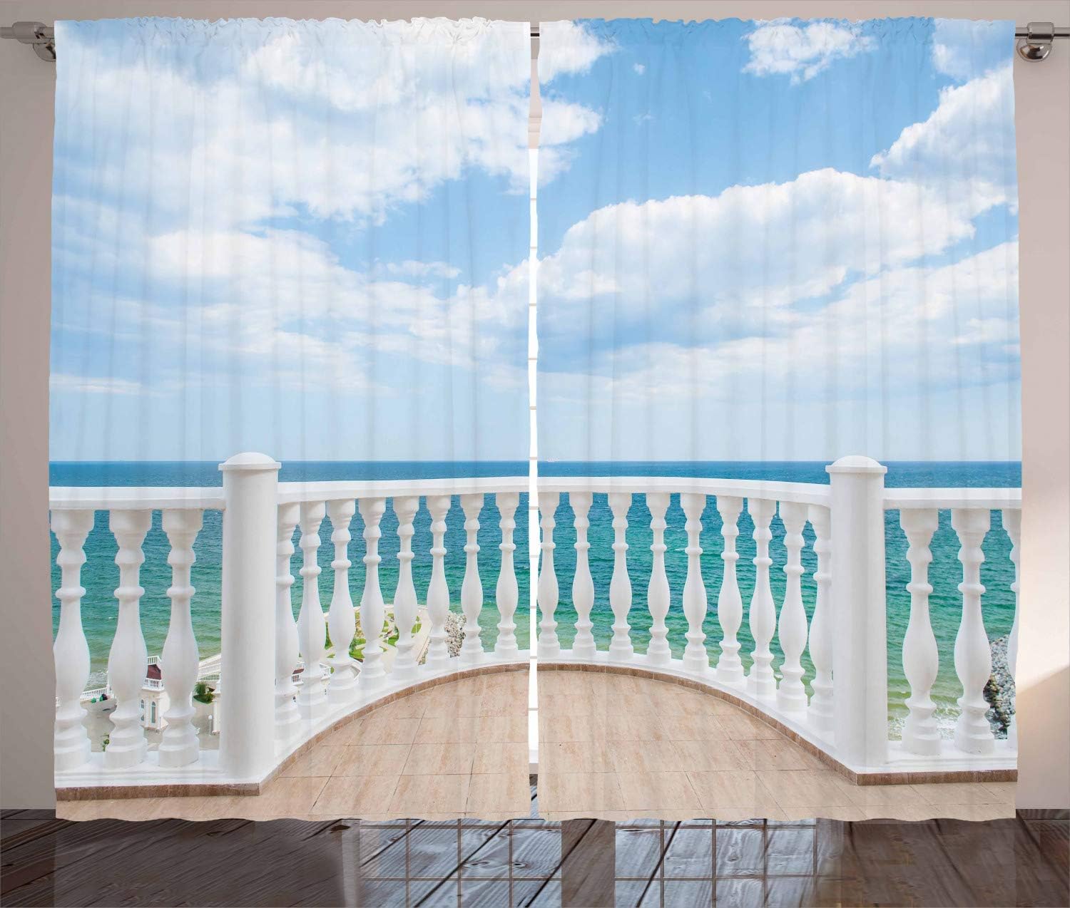 Ambesonne White Curtains, Ocean Sea Shoreline Sunny Day Balcony Clouds Clear Sky Image, Living Room Bedroom Window Drapes 2 Panel Set, 108" X 108", Brown Sky 108" X 108" Brown Sky