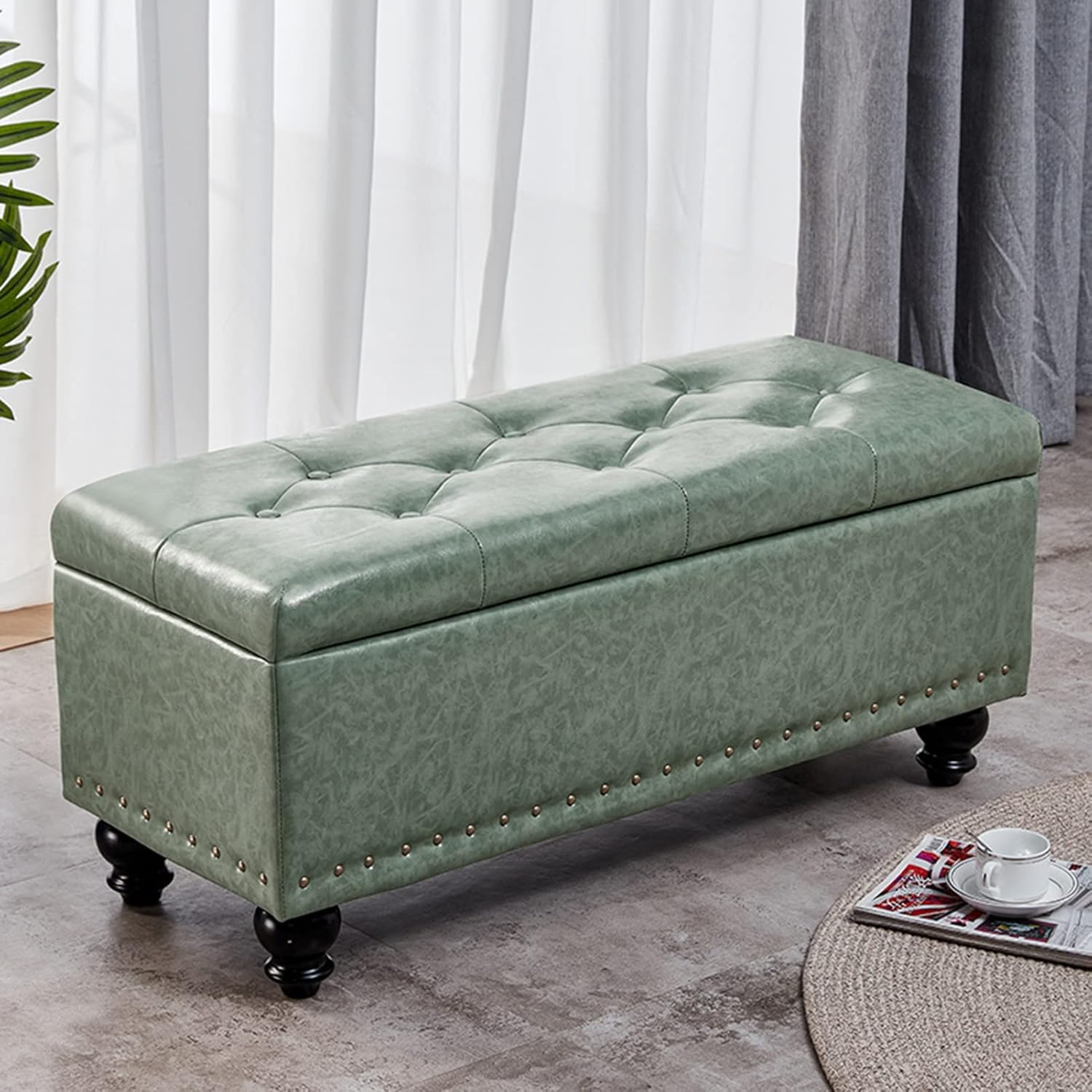 LMMIAOZ Leather Pouf Ottoman - 2-in-1 Storage Bench & Footrest - Rectangular Foot Stool for Bedroom Hallway Entryway - Stylish Shoe Changing Stool Home Decor