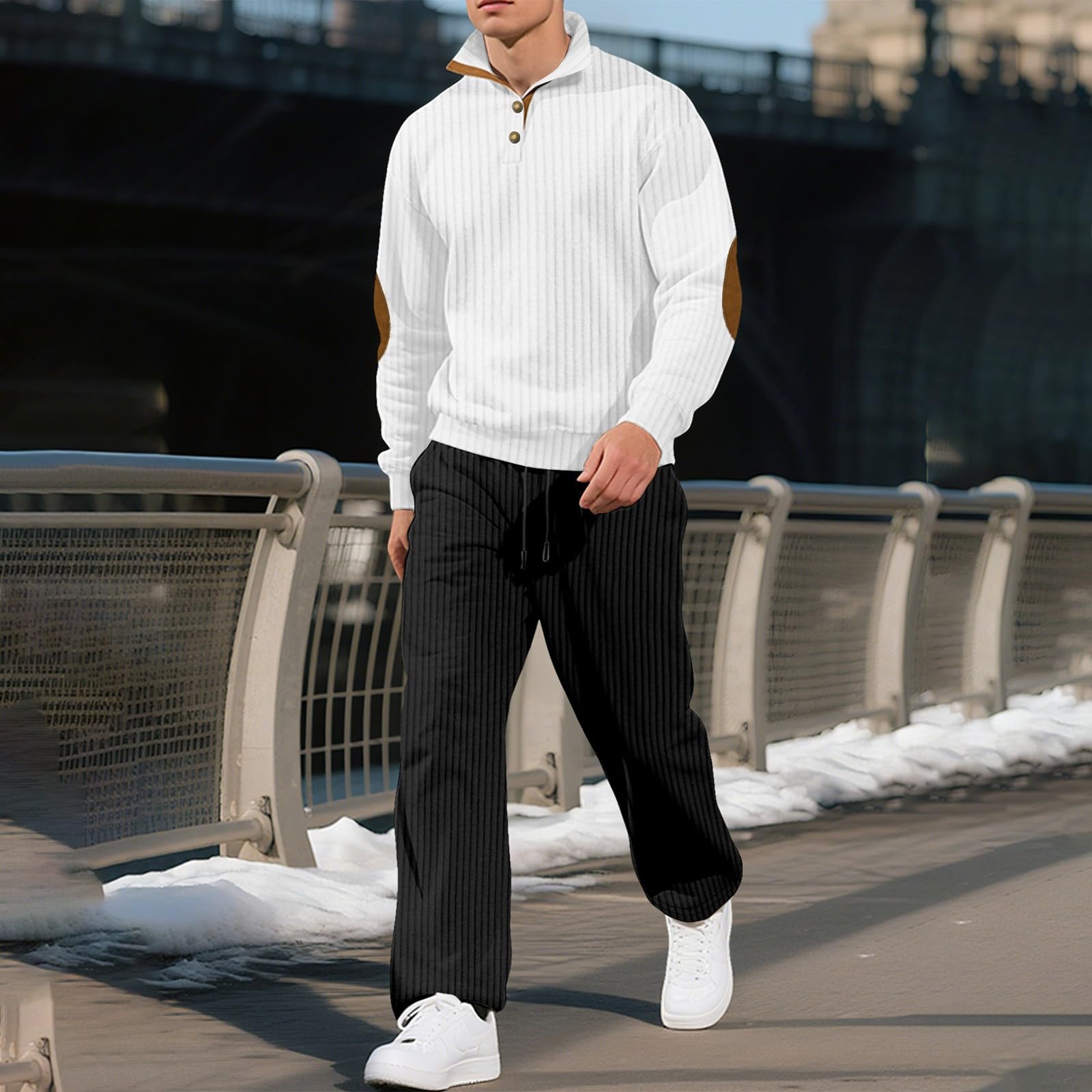 Conjunto de chándal para hombre, con botones a rayas, parches en los codos, pantalones deportivos de pierna recta con cordón, conjunto completo de 2 piezas, sudadera suelta y pantalones de chándal