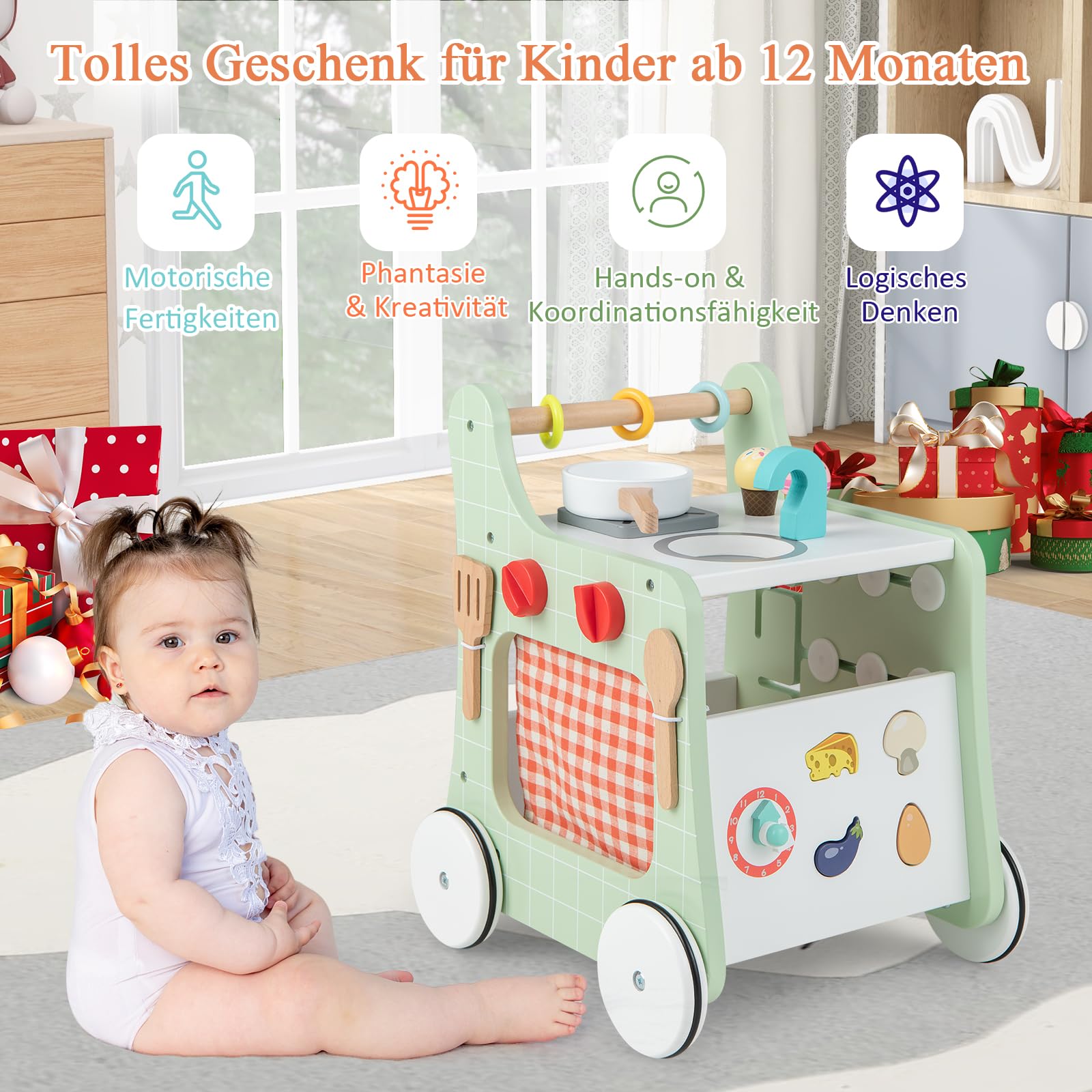 DREAMADE Lauflernwagen Holz, 6-in-1 hölzerne Lauflernhilfe, Baby Walker mit Blöcken & 9 Teilen Zubehör, Lernlaufwagen & Aktivitätszentrum, Kinderküche-Spielzeug für Kleinkinder ab 1 Jahren (Grün)