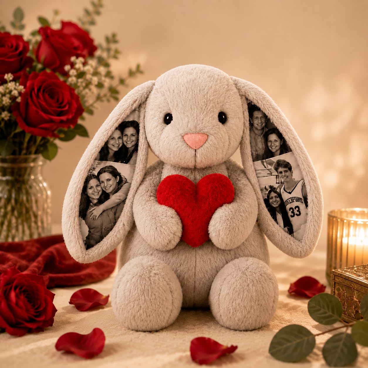 Personalised Photo Memory Bunny Customised Rabbit Teddy Plush Keepsake with Hidden Pictures in Ears Personalised Birthday Anniversary Wedding Gifts for Women Men Her Friend 26cm/40cm (Colour7)