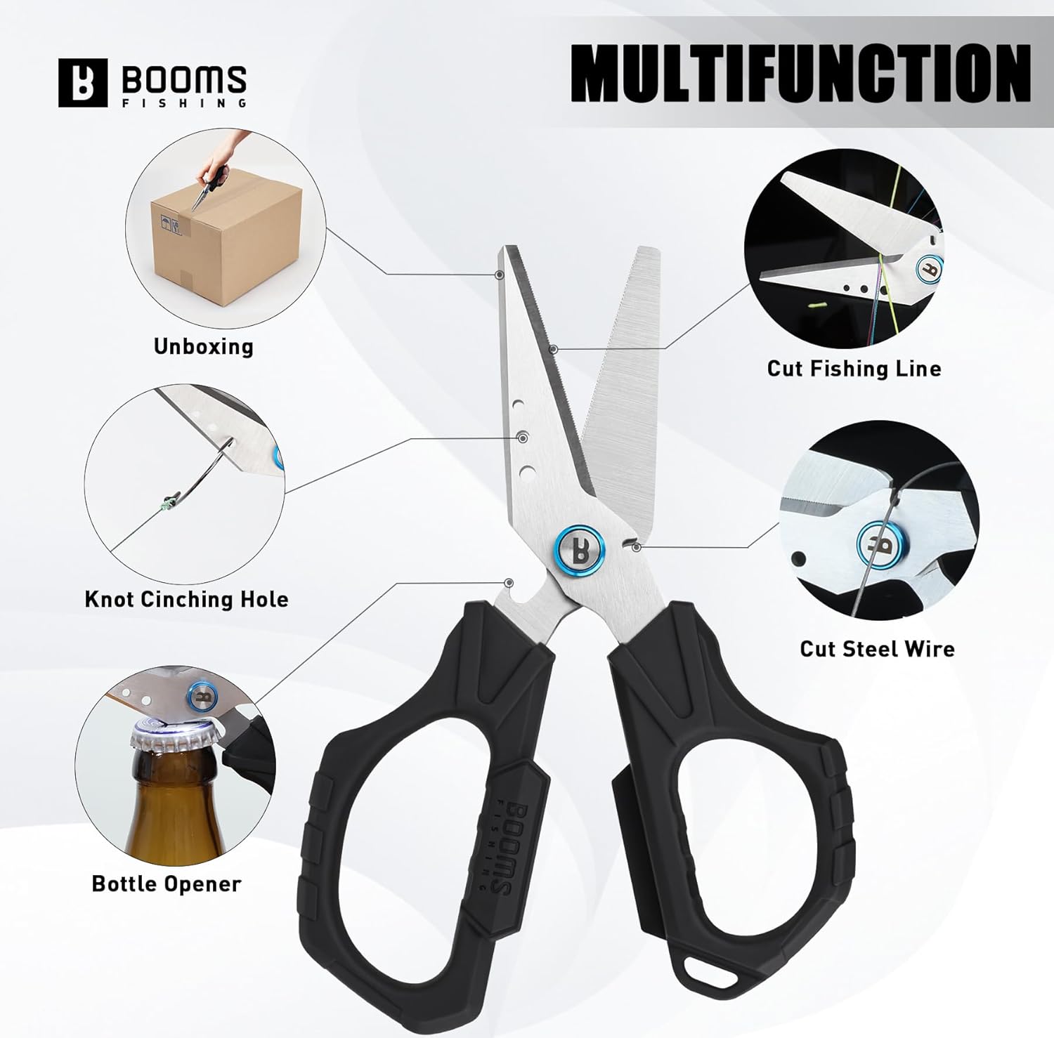 Booms Fishing Braided Line Cutter: 6.3in Multifunction Fishing Scissors with Lanyard and Sheath - Fishing Shears with Serrated Blades and Side Wire Cutter, S04