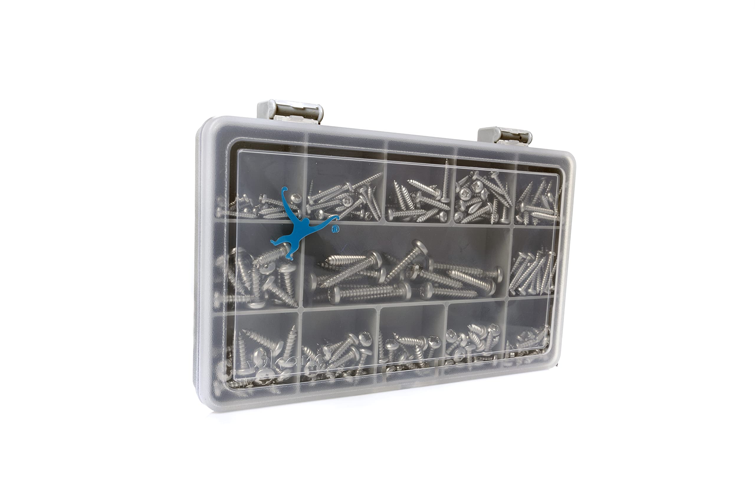 Monkeyjams's Shed Silver 240 Assorted A2-70 Stainless Steel Pozi Pan Self Tapping Screws In A Compartment Box.
