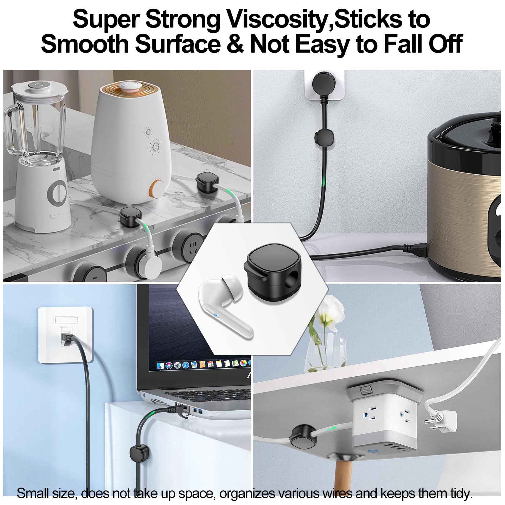 Paquete de 6 clips magnéticos para cables y bridas para cables, soporte para cables [organizador ajustable suave para cables], gestión de cables debajo del escritorio, soporte adhesivo para cables de