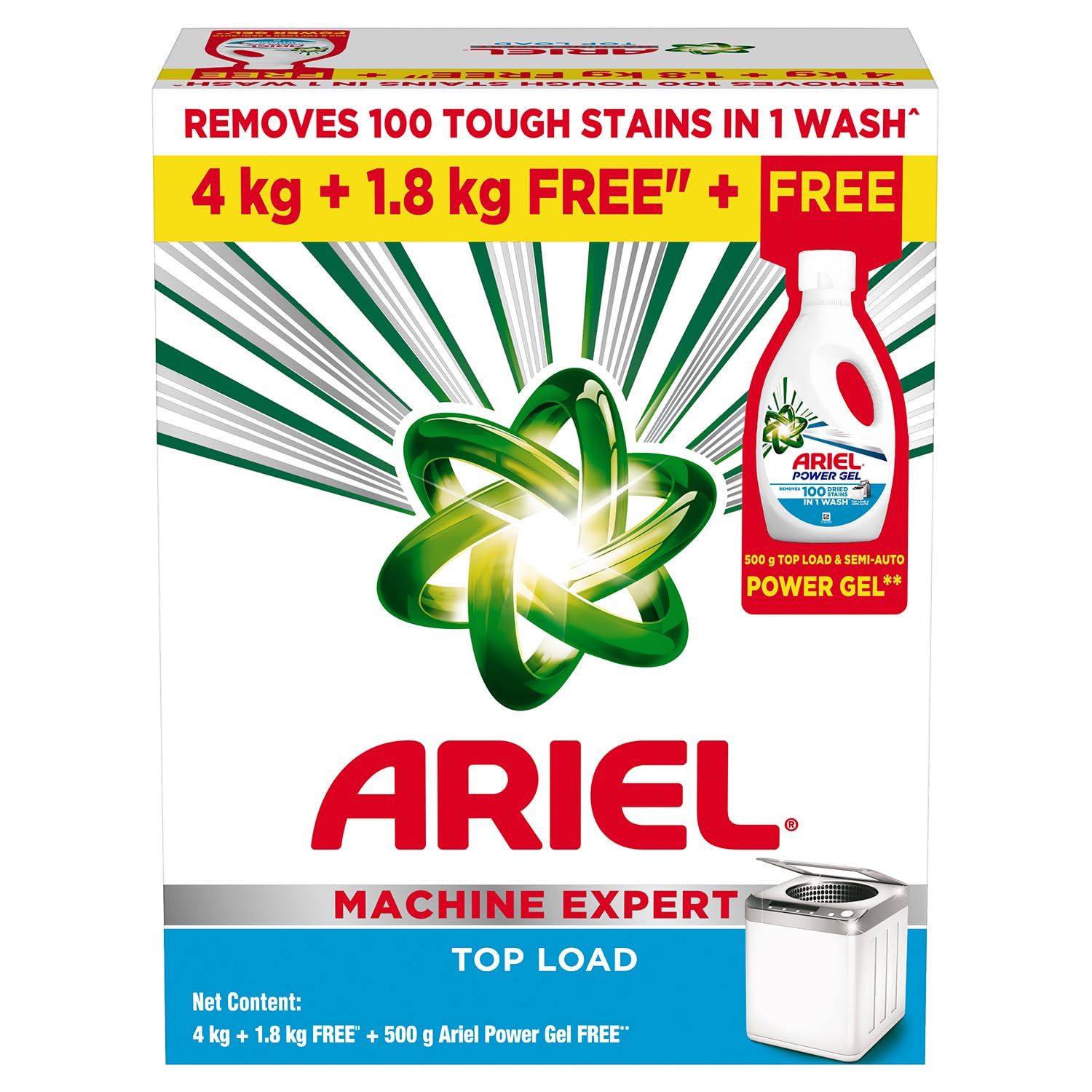 Ariel Matic Machine Expert Detergent Powder Top Load - 4Kg + 1.8 Kg + 500g Liquid free | Removes 100 Tough Stains in 1 wash | Specially Designed for Washing Machines | Fresh Fragrance
