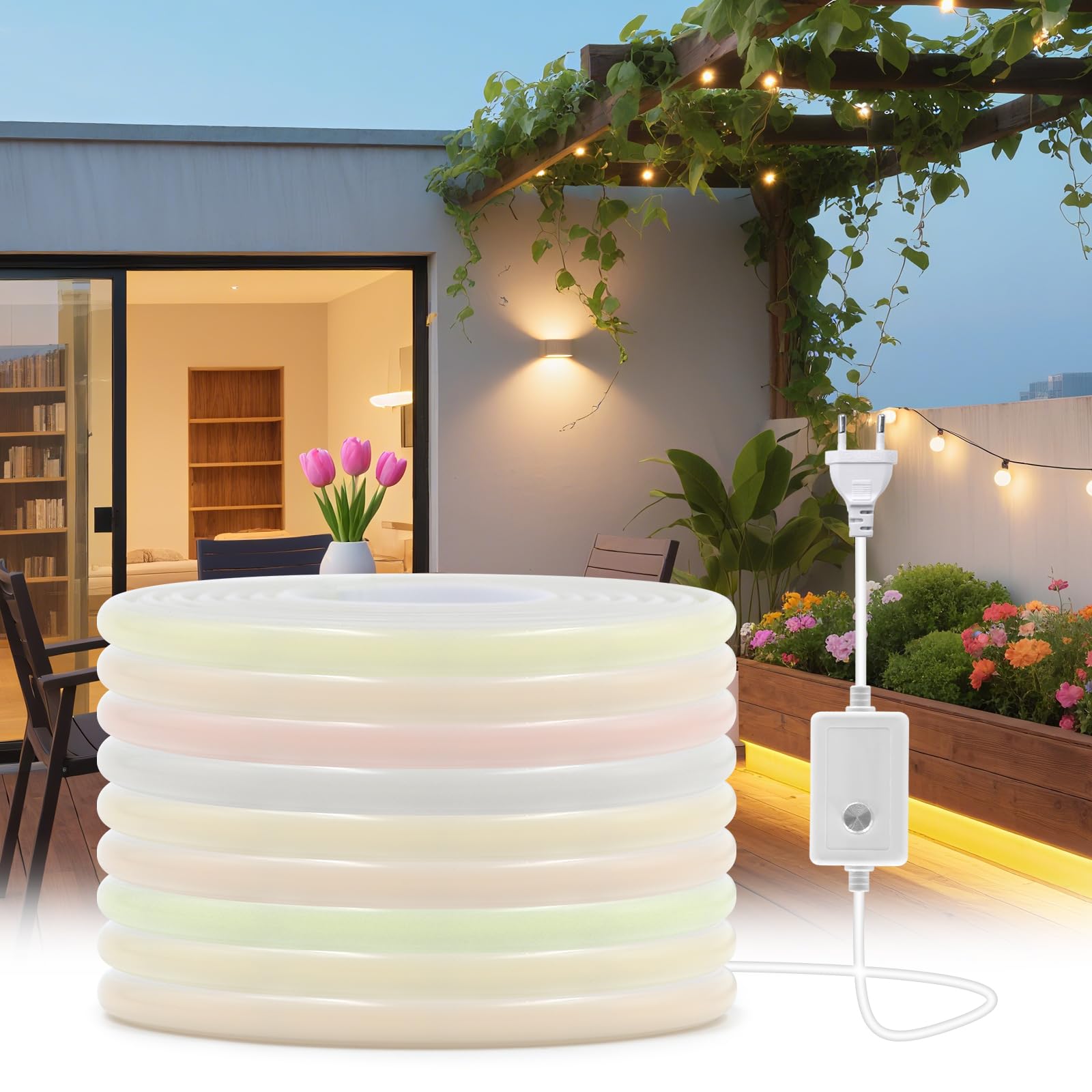 Tira LED COB regulable [20M, Verde], AC220-240V, recortable, flexible impermeable IP65, tira de neón FCOB LED CRI90+, para dormitorio, cocina, hogar y decoración de tiendas