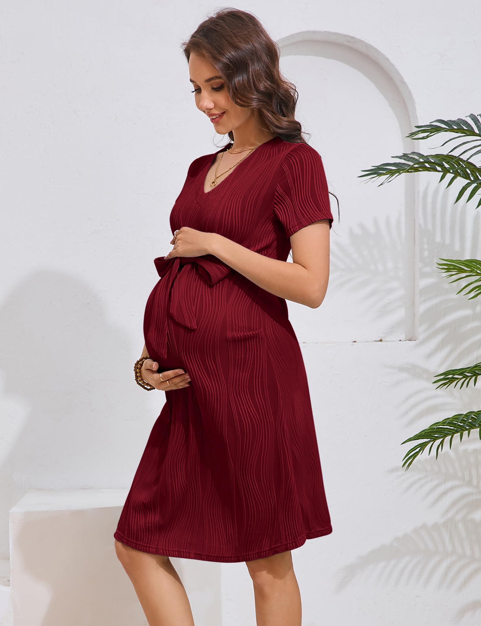 KOJOOIN Umstandskleid Damen V-Ausschnitt Kurzarm Schwangerschaftskleid Casual Umstandskleider Umstandsmode Sommerkleid mit Gürtel(Verpackung MEHRWEG)