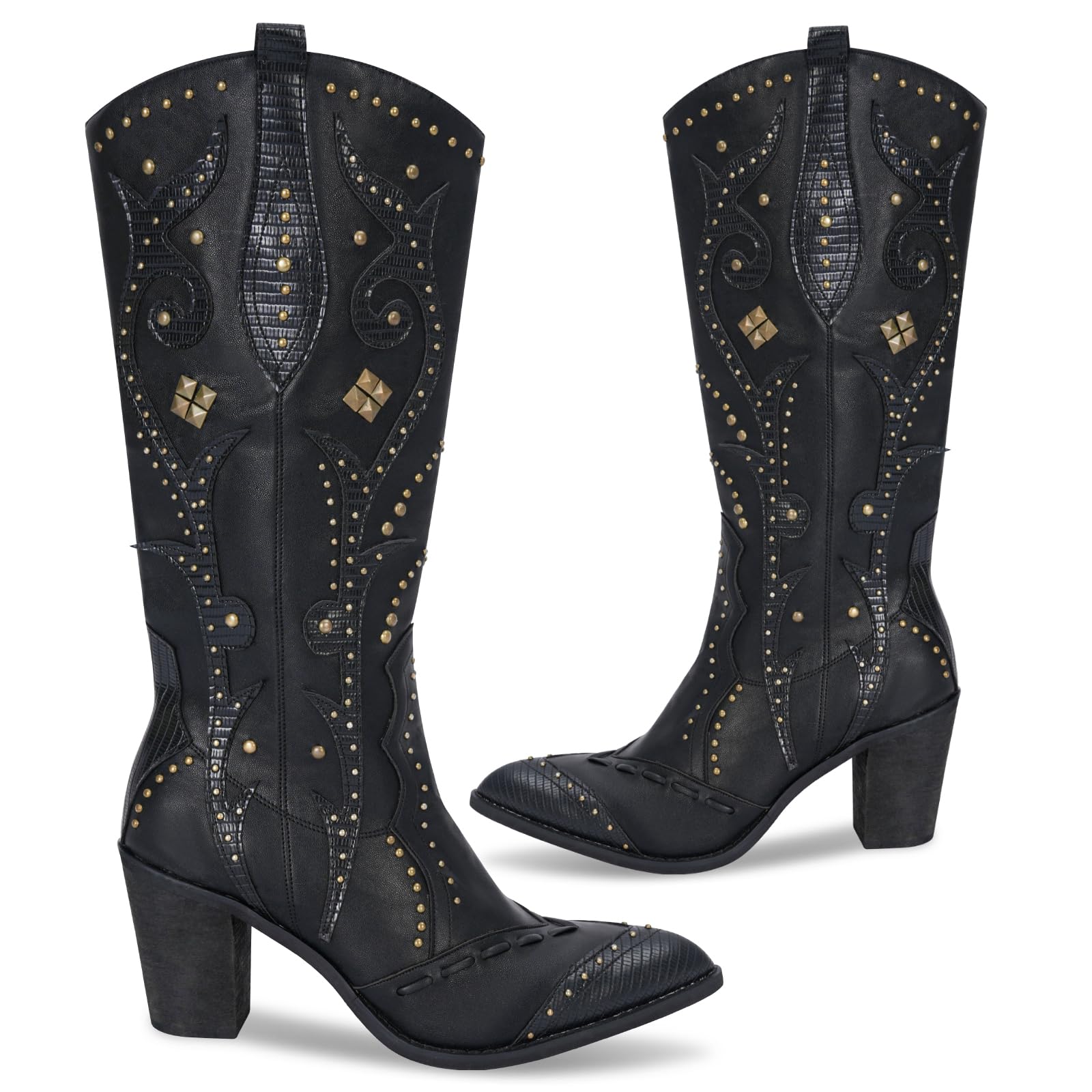Zeuhzih Women’s Western Cowgirl Boots – Black Leather Pointed Toe Boots with Studded Detailing, Chunky Heel, Embroidered Mid-Calf Design for Rodeo,