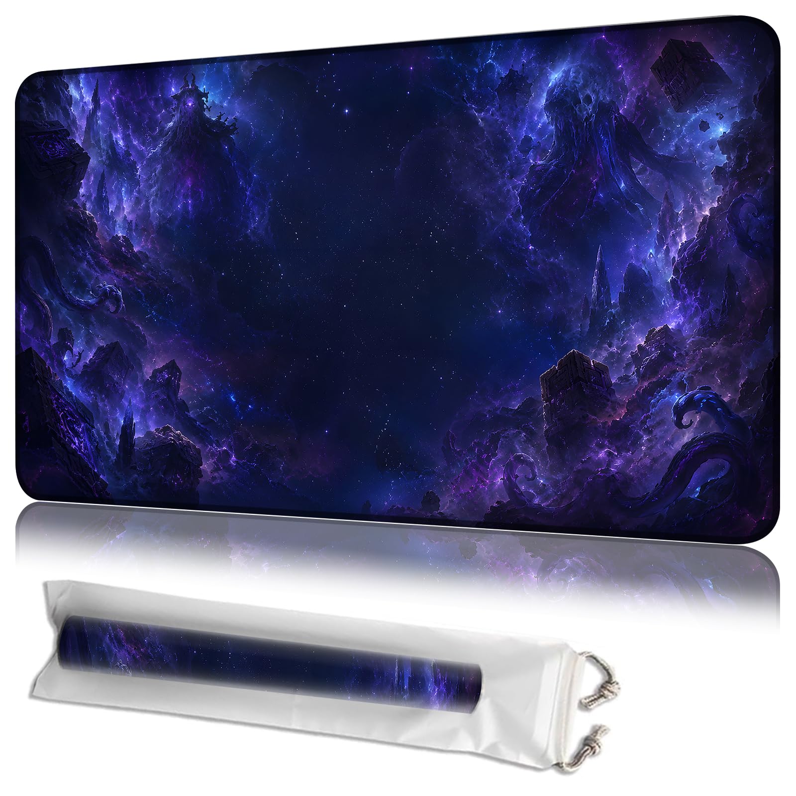 JANENFNA MTG Playmat with Storage Bag, Purple Nebula Ruins, 24 x 14 Inch Stitched Non Slip Rubber Trading Card Game Mat, 2mm Thick Tabletop Mat for Card Games — image 1