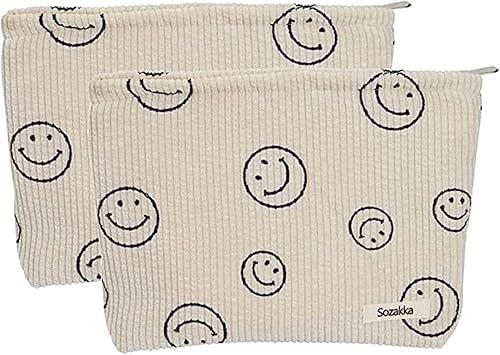 Miniatura 5 de Smiley Face - Bolsa de cosméticos de pana de gran capacidad bolsa de maquillaje de viaje bolsa de aseo para mujer 1 beige Bolsa de cosméticos de