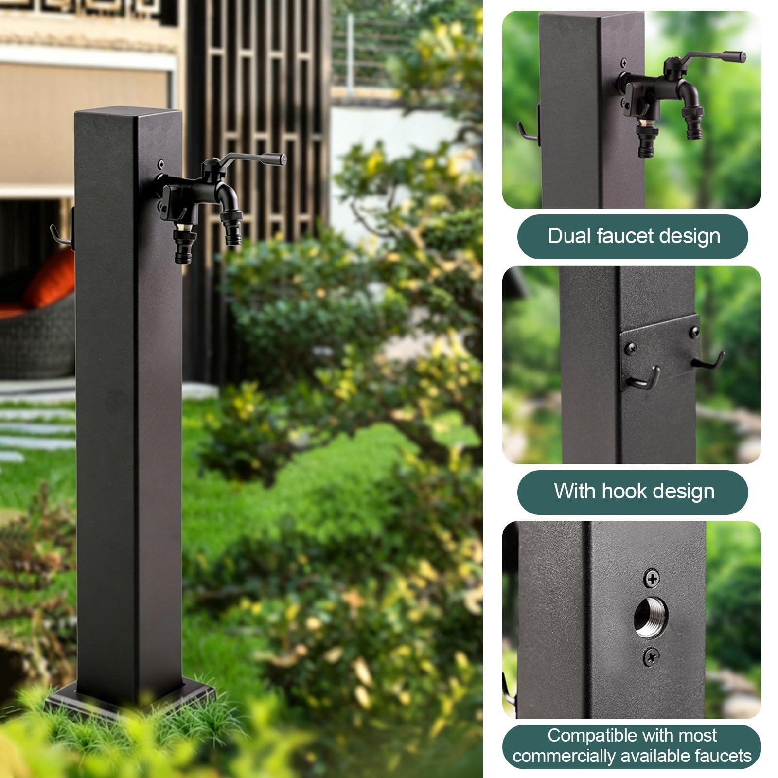 Columna de agua vertical de jardín para exteriores, soporte de manguera de acero inoxidable independiente con grifo, dispensador de agua anticongelante para riego y lavado