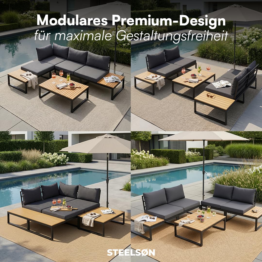 STEELSØN Zandra Gartenlounge Outdoor – modulares Gartenmöbel Set mit Ecksofa & Tisch wetterfest – Balkonmöbel aus Akazien Holz & Stahl mit Kissen in schwarz – Loungemöbel für Garten/Terasse/Balkon