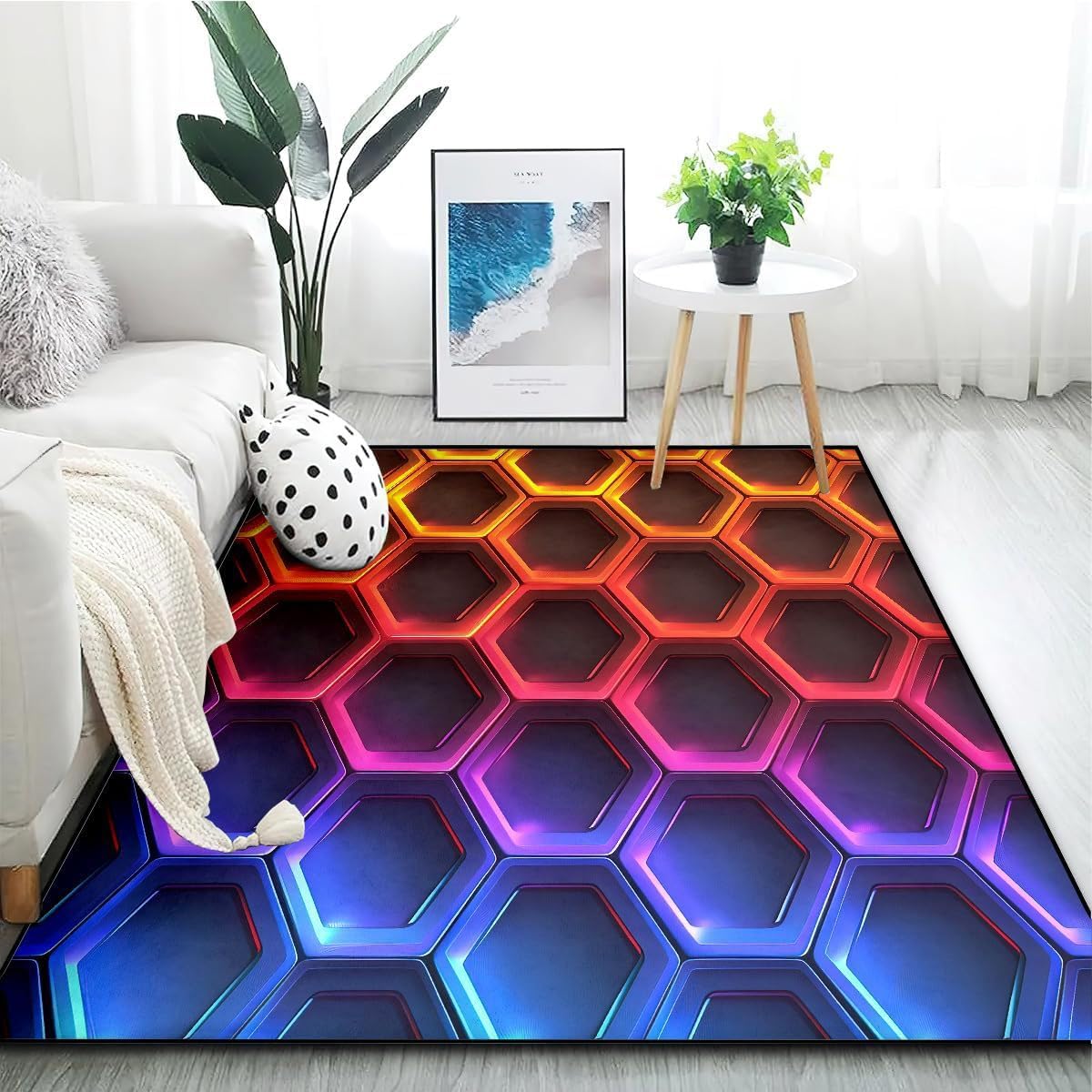 PEIHUODAN Gaming Carpets Teenagers Bedroom Carpet Boys Children Gamer 3D Geometric Vision Living Room Carpet Cool Neon Line Printed Carpet Non-Slip Home Decor Carpet Rugs Game Room (Colour 7,50x80cm)