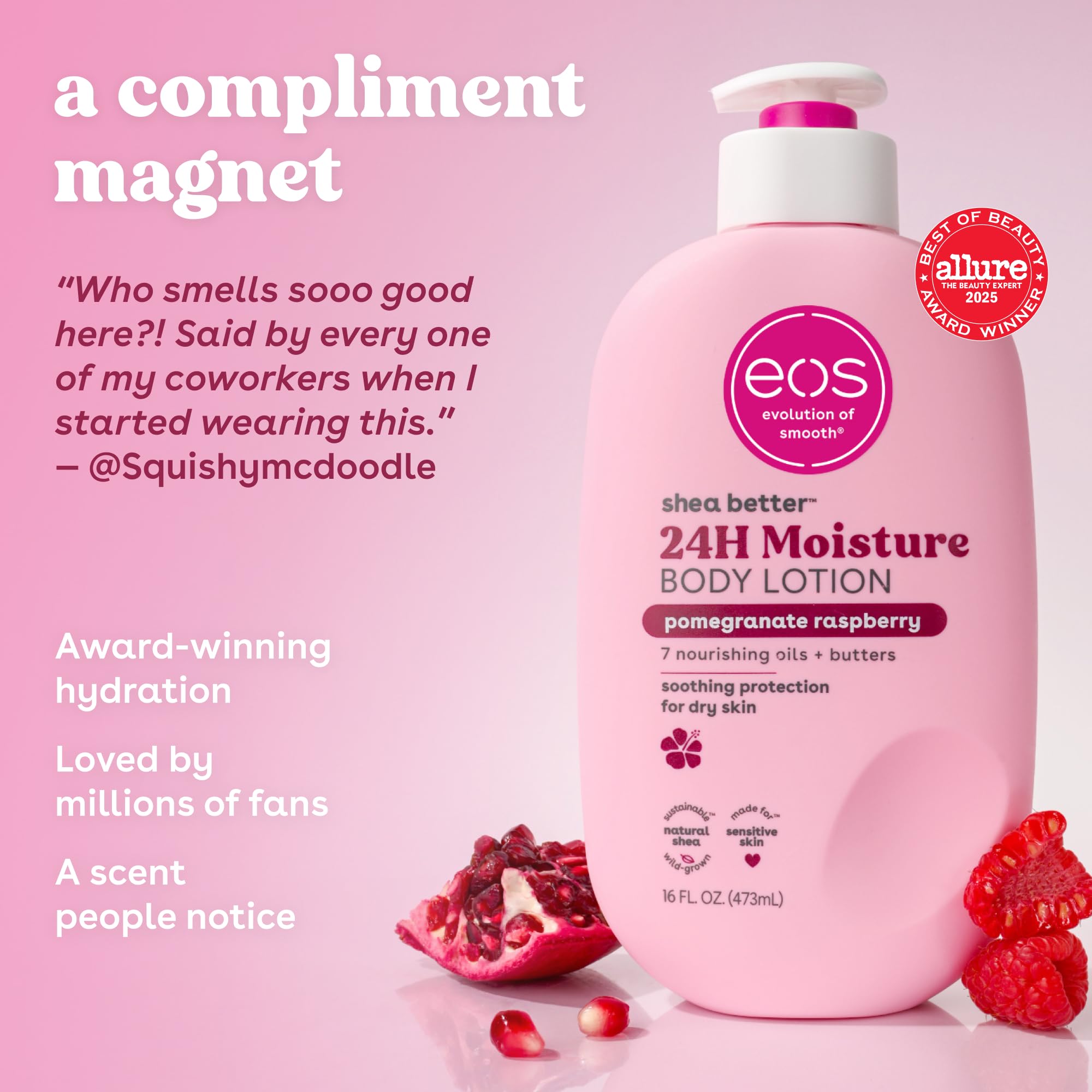 eos Shea Better Body Lotion Pomegranate Raspberry, 24-Hour Moisture Skin Care, Lightweight & Non-Greasy, Natural Shea, Vegan, 16 fl oz: Pomegranate Raspberry 16 Fl Oz (Pack of 1)