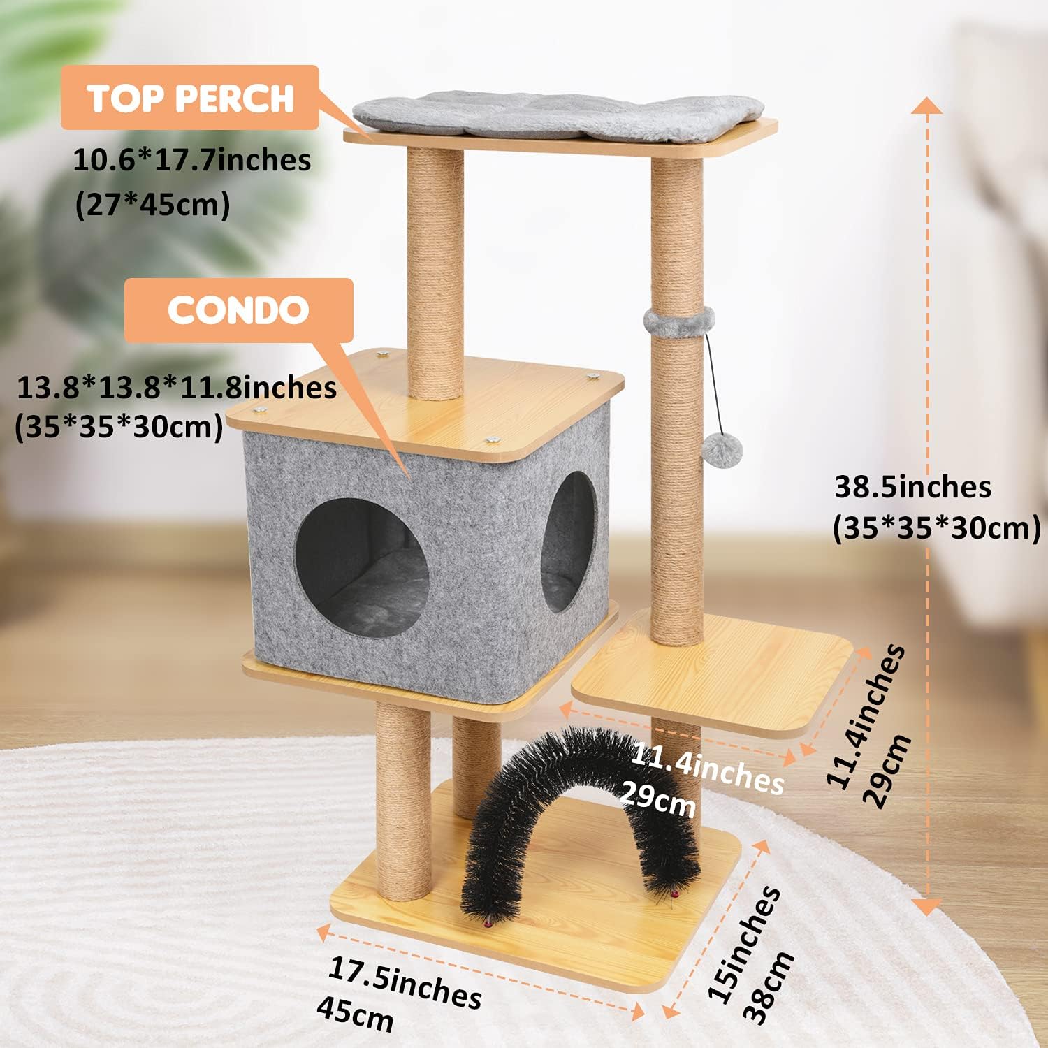 TOYSBOOM Modern Cat Tree for Large Cats - 45” Wood Cat Tower Furniture with Scratching Posts, Cat Condo and Top Perch, Cat Stand Climbing Activity Playground for Indoor Cats and Kittens : Pet Supplies