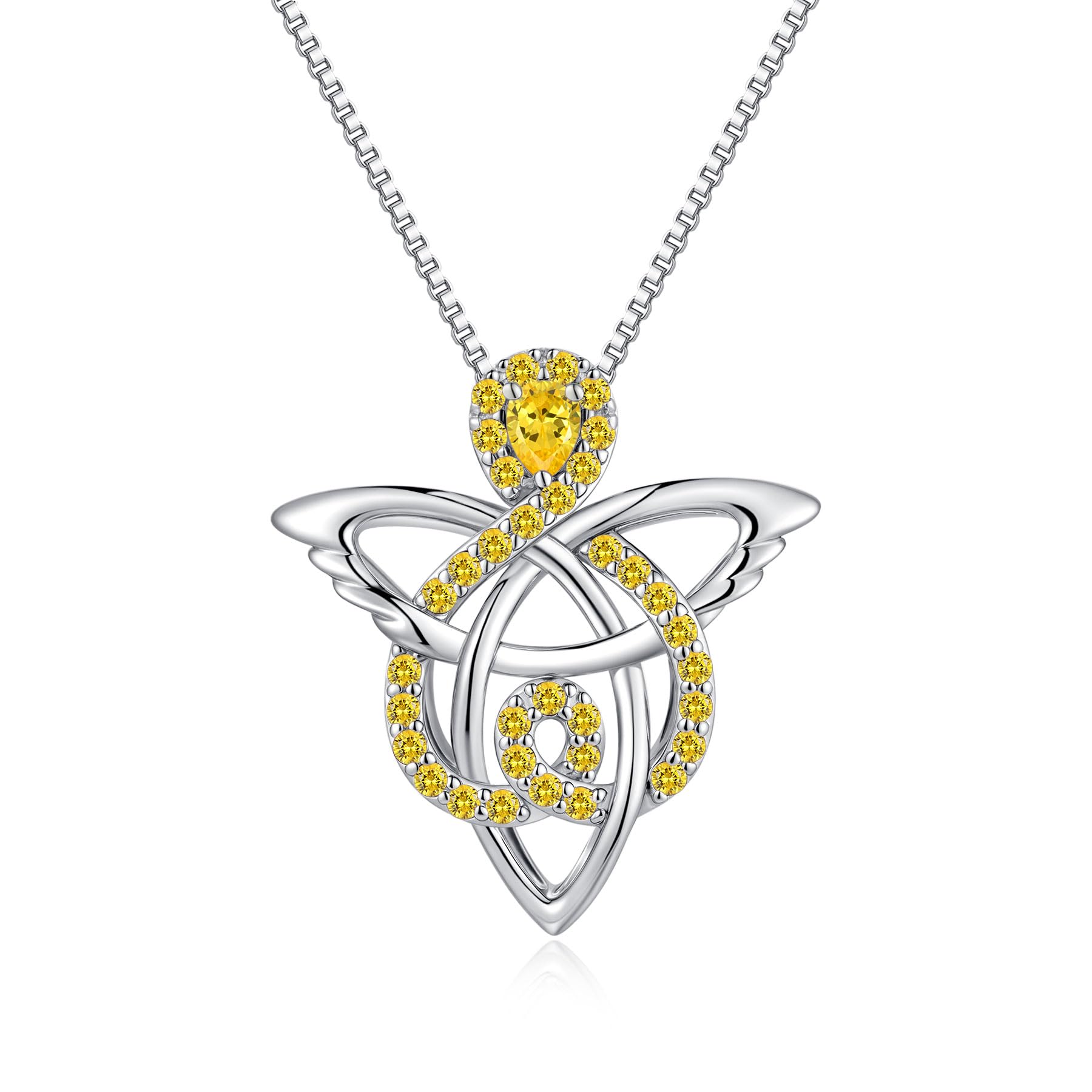 JiayangJY 925 Sterling Silver Celtic Angel Necklace for Women, Trinity Knot Guardian Angel Pendant with Birthstone CZ, Irish Good Luck Gift