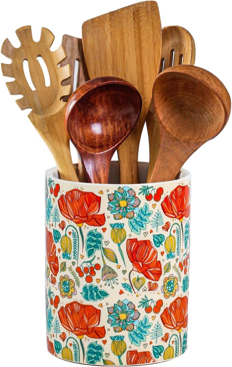 Kitchen Utensil Holder, 6.3 Inch Red Floral Ceramic Cooking Utensil Holder Colorful Modern Utensil Crocks for Kitchen Counter-Farmhouse, Housewarming Gift, Decor and Accessories (Flower-01, 6.3 Inch)