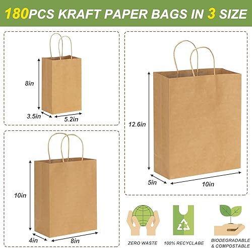 Miniatura 2 de TOMNK 180 bolsas de papel marrón con asas a granel, (81012.6 pulgadas), 60 por tamaño, bolsas de regalo de papel kraft de varios tamaños para