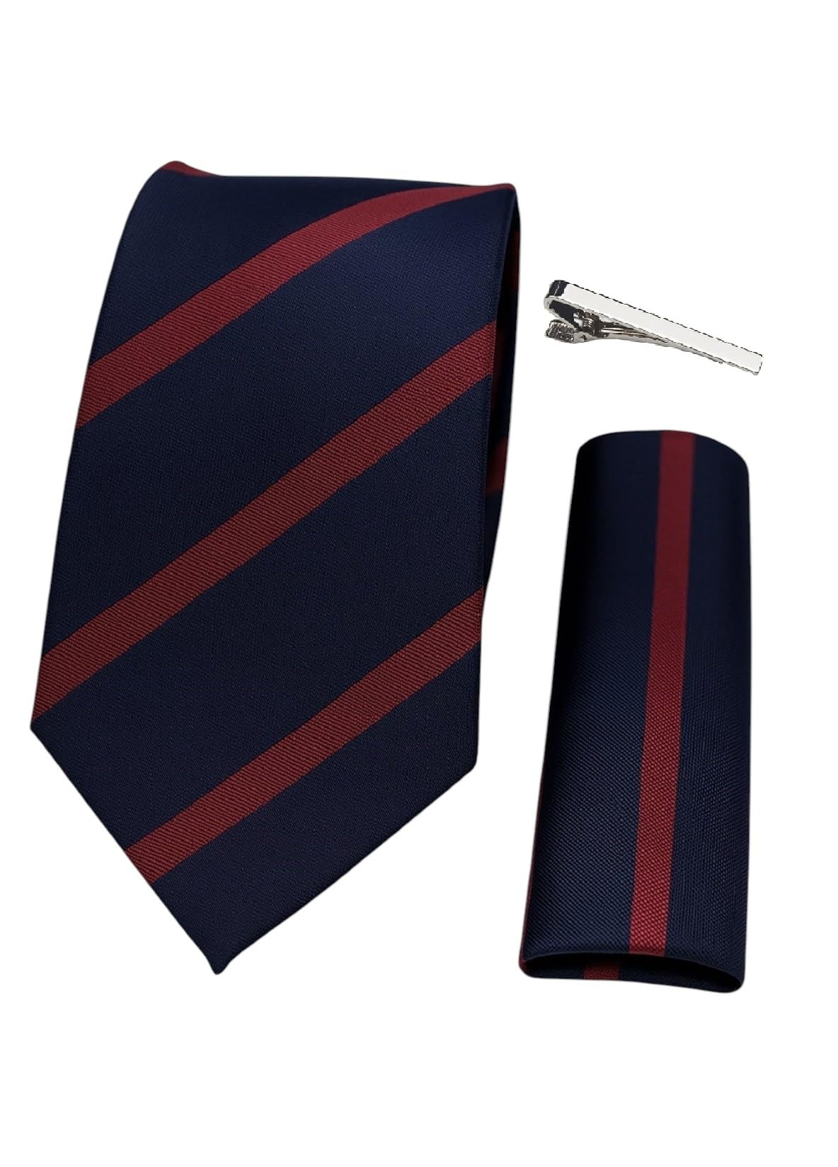 Luxury Italian Silk Navy Maroon Striped Tie, Pocket Square & Silver Tie Pin Gift Set in Premium Wooden Box – Formal Accessories for Men-image-4
