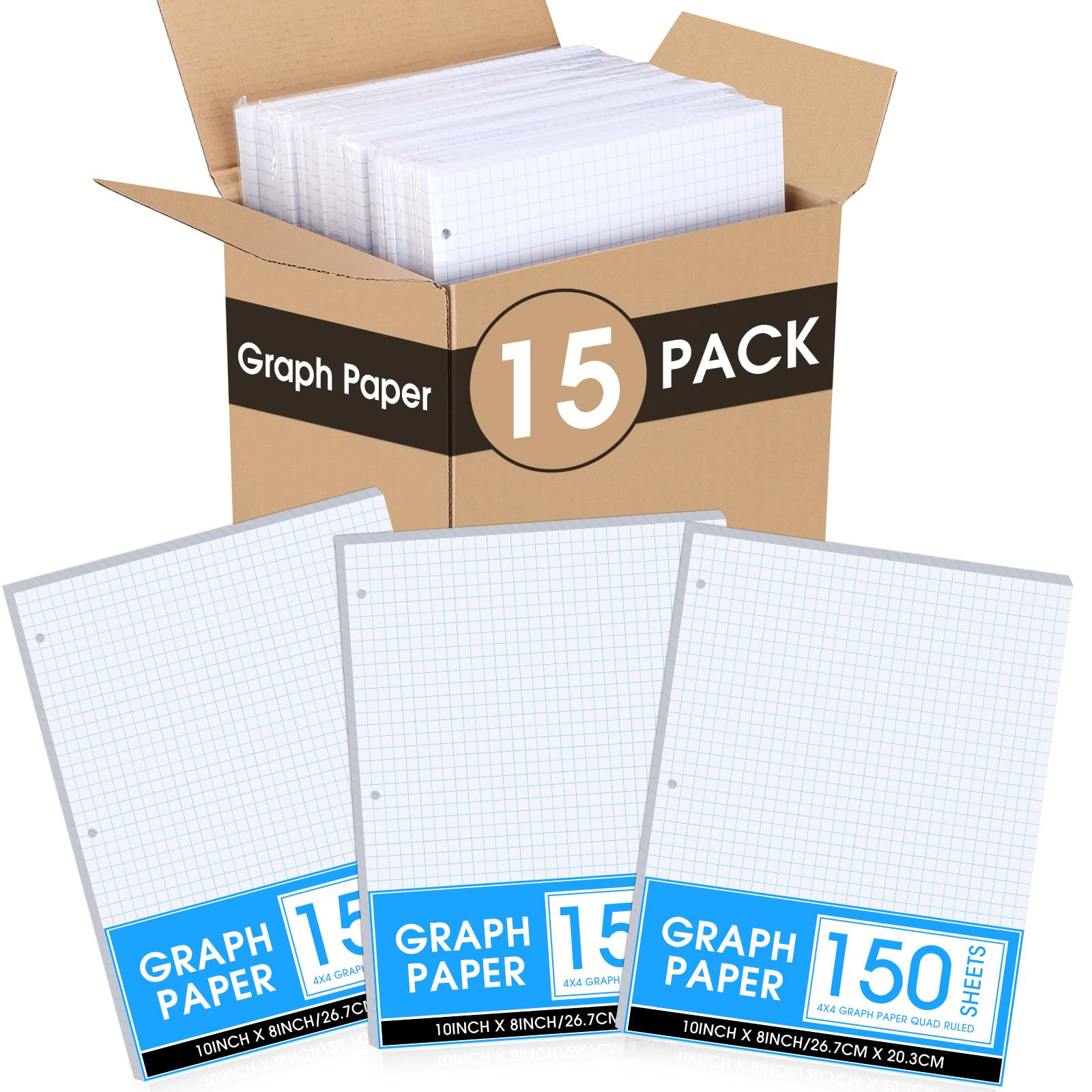 15 Pack Graph Paper, 8" x 10.5" Loose Leaf Graph Paper, 2250 Sheets Bulk 4 x 4 Inch Quad Ruled Grid Paper Filler Paper, 3 Hole Punched, 60 Gsm, 150 Pcs Each Pack, Office Student Supplies