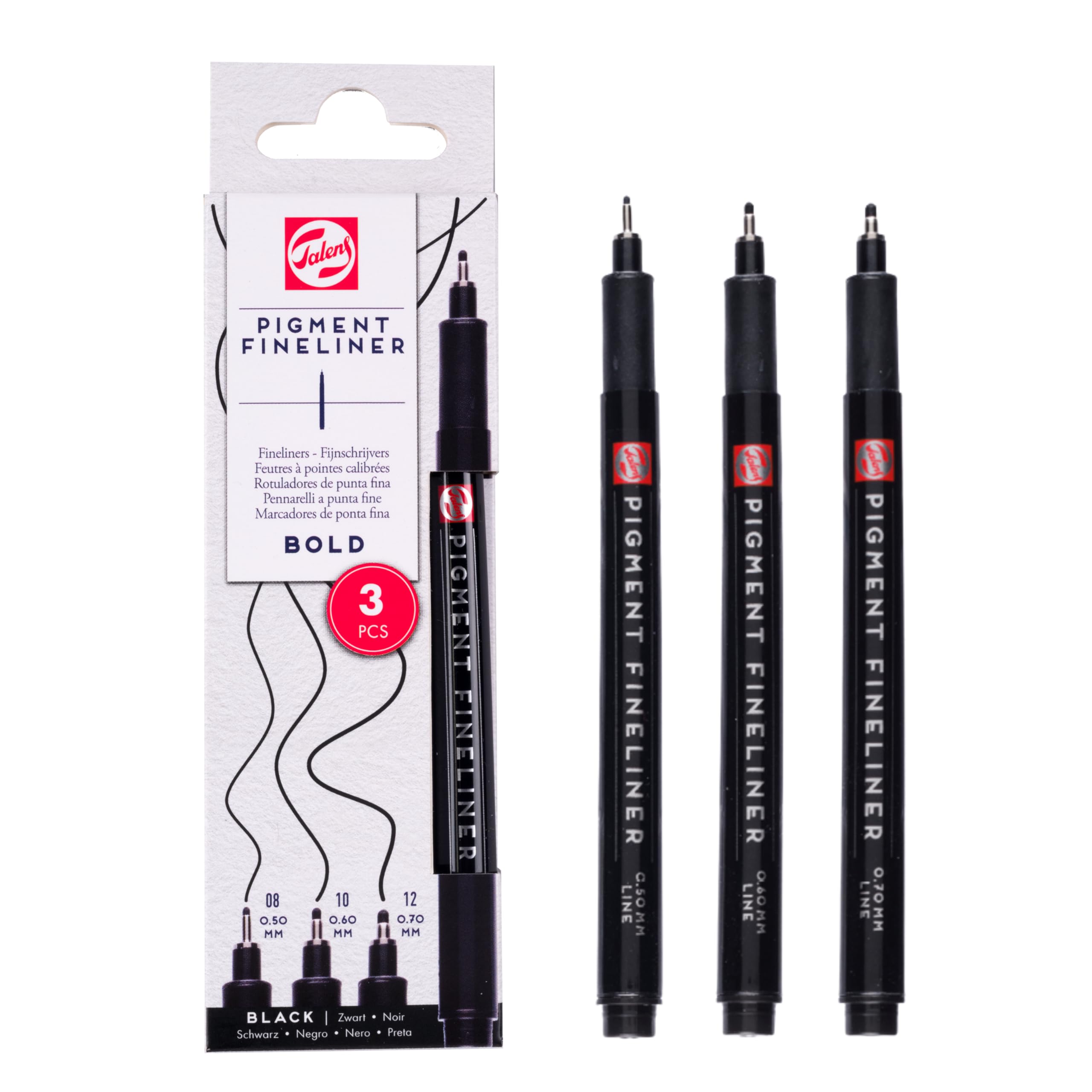 Talens Pigment Fineliner Pens Set – 3 Bold Tip Pens (0.50mm, 0.60mm, 0.70mm) – Permanent, Lightfast Black Ink – Colouring Pens for Writing, Drawing, Sketching & Art Supplies