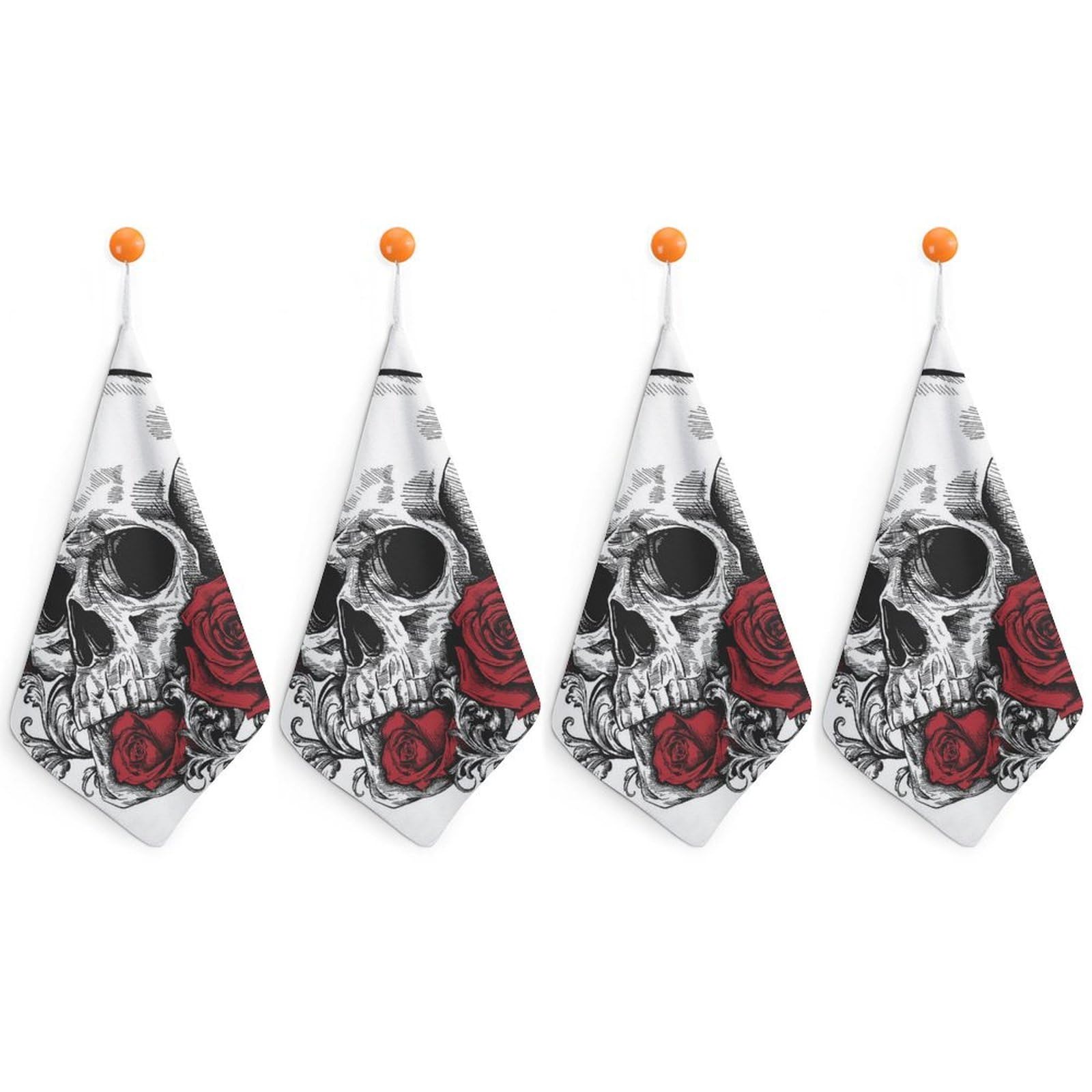 LWORZIIB 4 Piece Hanging Hand Towels, Skull with Roses Small Dry Hand Towel for Kitchen Bathroom