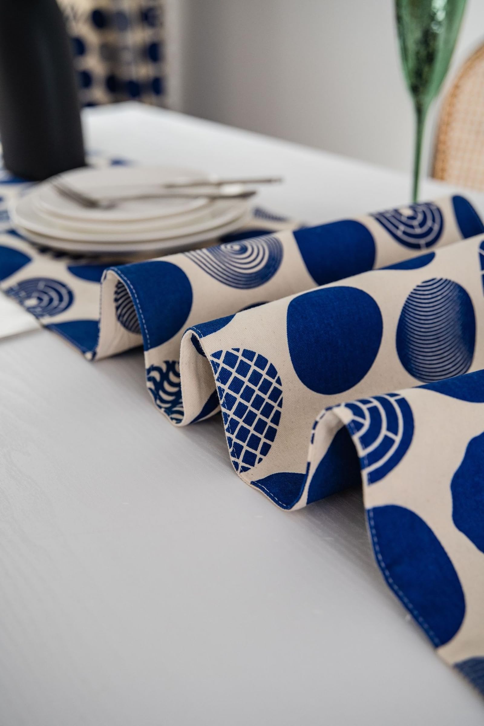 Runner da Tavolo Cotone Poliestere 30x220 cm, Runner da Tavola Moderno Lavabile Motivo Geometrico A Pois Esterno Interni Decorazioni per Tavolino da Compleanni Matrimoni, Beige Blu
