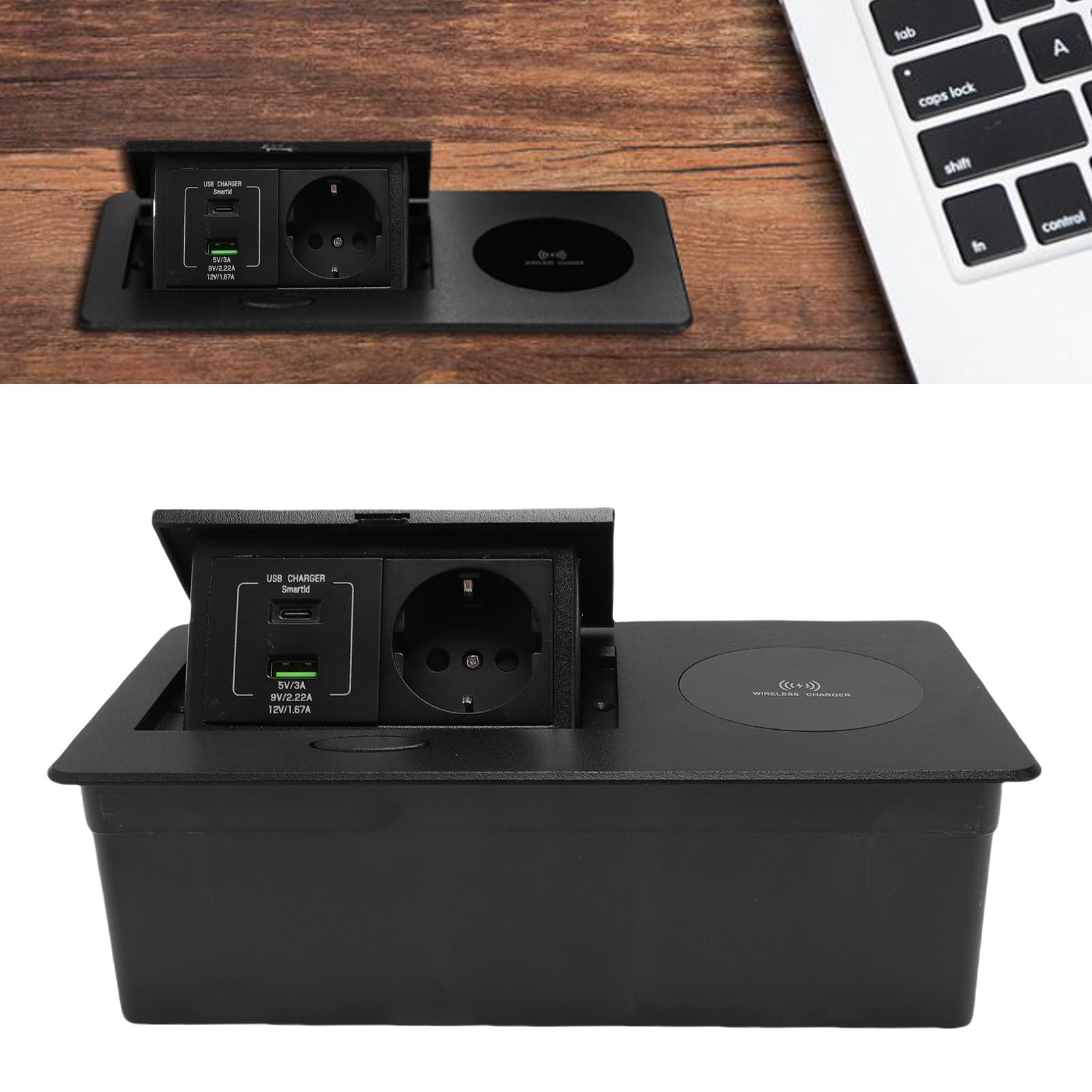 Fafeicy Wysuwane Gniazdko Elektryczne z bezprzewodową ładowarką 16A 4000W Gniazdo 20W USB AC Porty Wpuszczane w Biurko Gniazdo Wyskakujące do Domowego Biura Handlowe Czarny