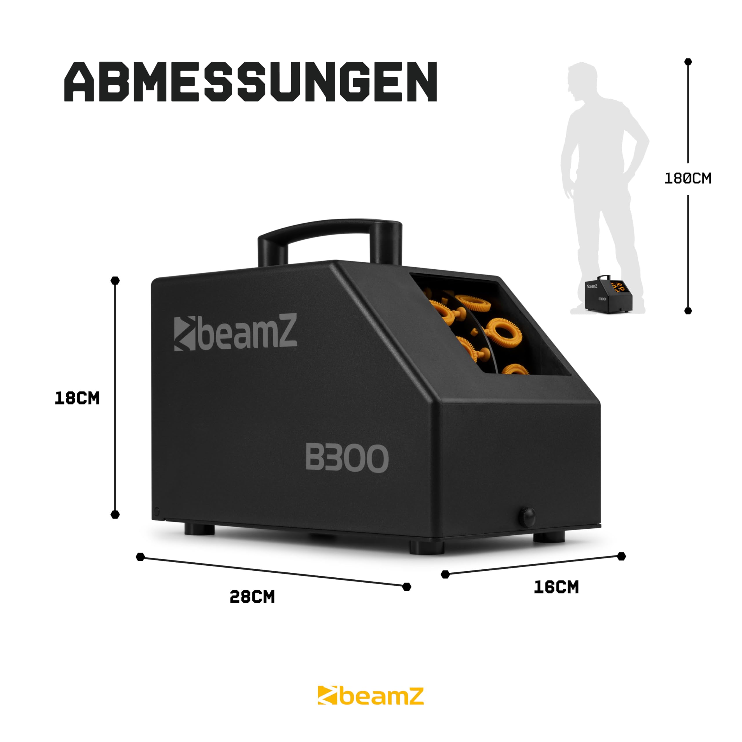 BeamZ B300 Seifenblasenmaschine mit 5L Flüssigkeit, Fernbedienung, 25 Watt, Luftblasenmaschine, Bubble Machine, 10.000 Bubbles pro Minute, Seifenblasen Hochzeit - Schwarz