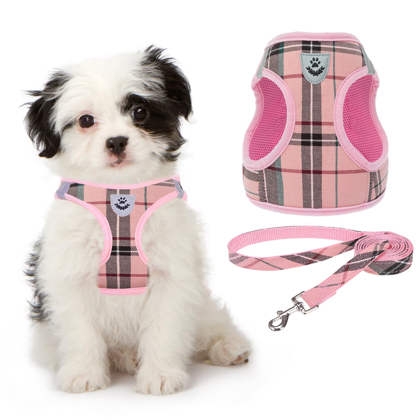 KOOLTAIL Small Dog Harness and Lead Set, Soft Mesh Plaid Puppy Harness with Safety Buckle, Adjustable & Comfortable Padded Reflective Vest for Puppies and Small Breeds Dogs Walking