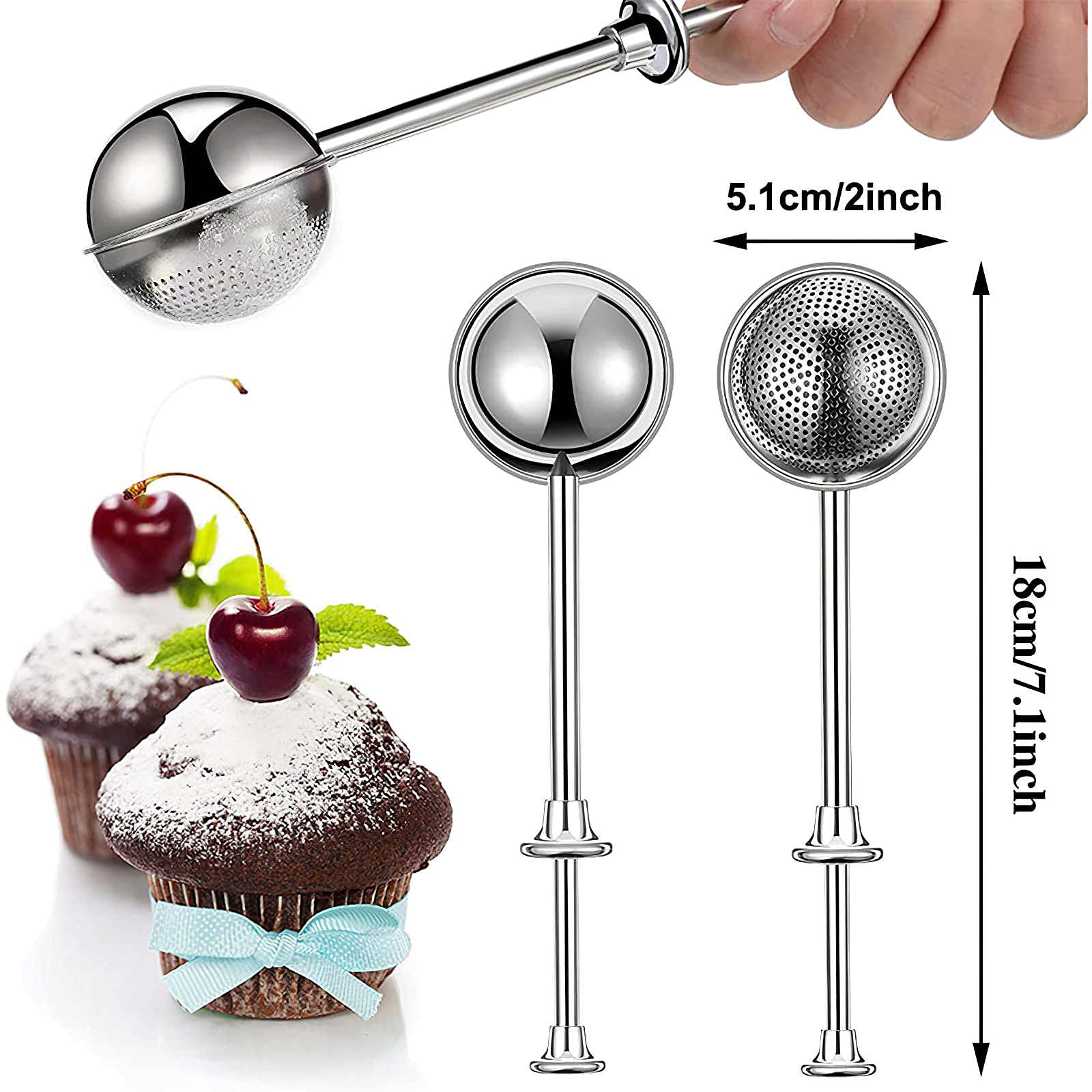 ALLOMN Flour Duster for Baking Tea Infuser for Loose Leaf Tea Powdered Sugar Shaker Duster Sifter for Baked Goodies Stainless Steel Powdered Icing Sugar Shaker Duster - Image 2