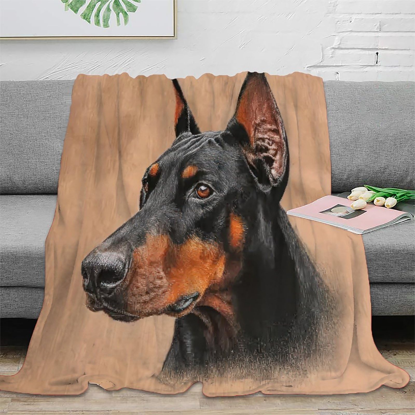 Plaid jete de canape motif Dobermann couverture microfibre 127x152